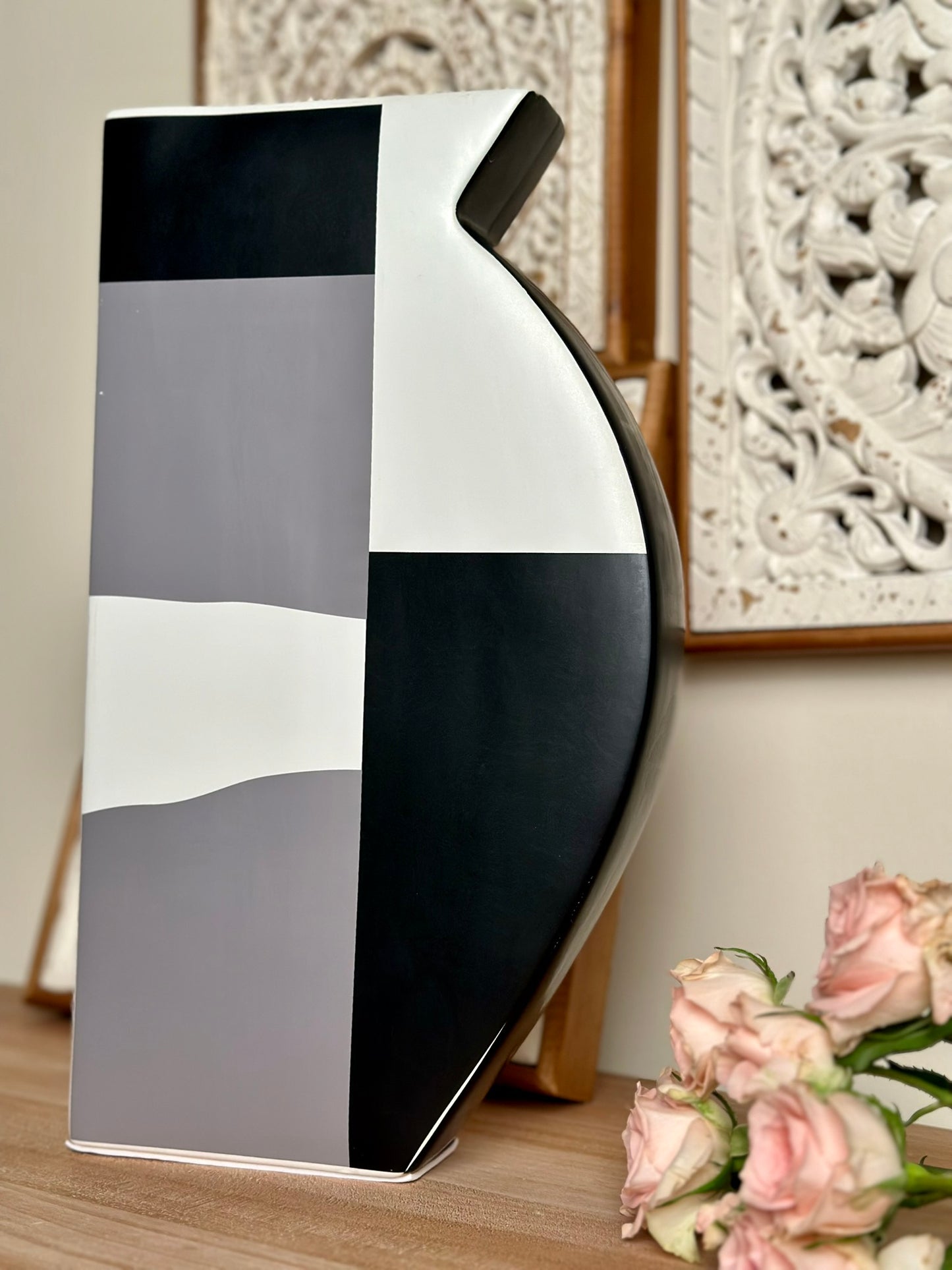 Abstract Block Vase – Black, White & Gray Graphic Design Vase CODE 3517