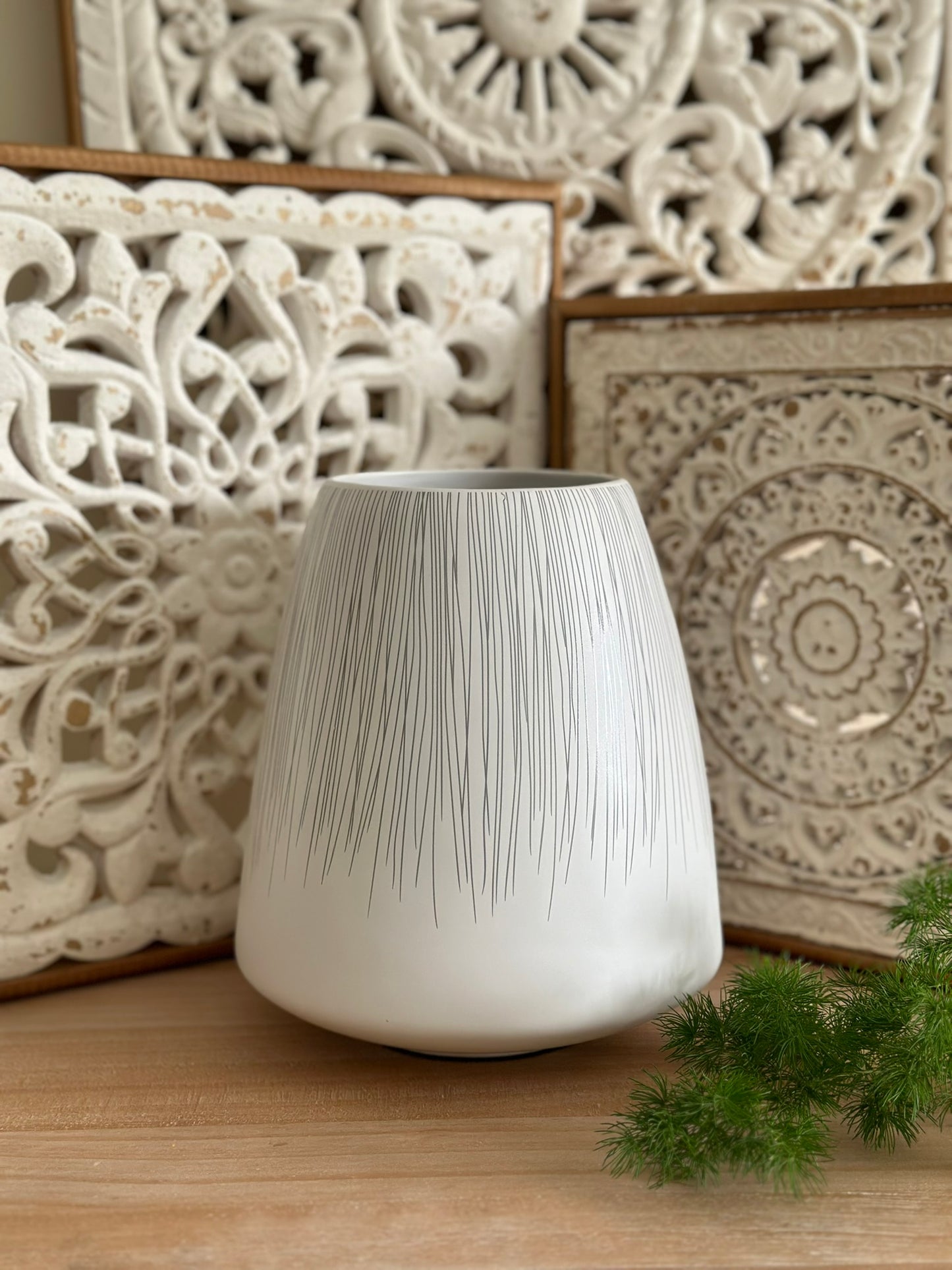 Etched Line Drop Vase – Matte White with Vertical Detailing Vase CODE 3516