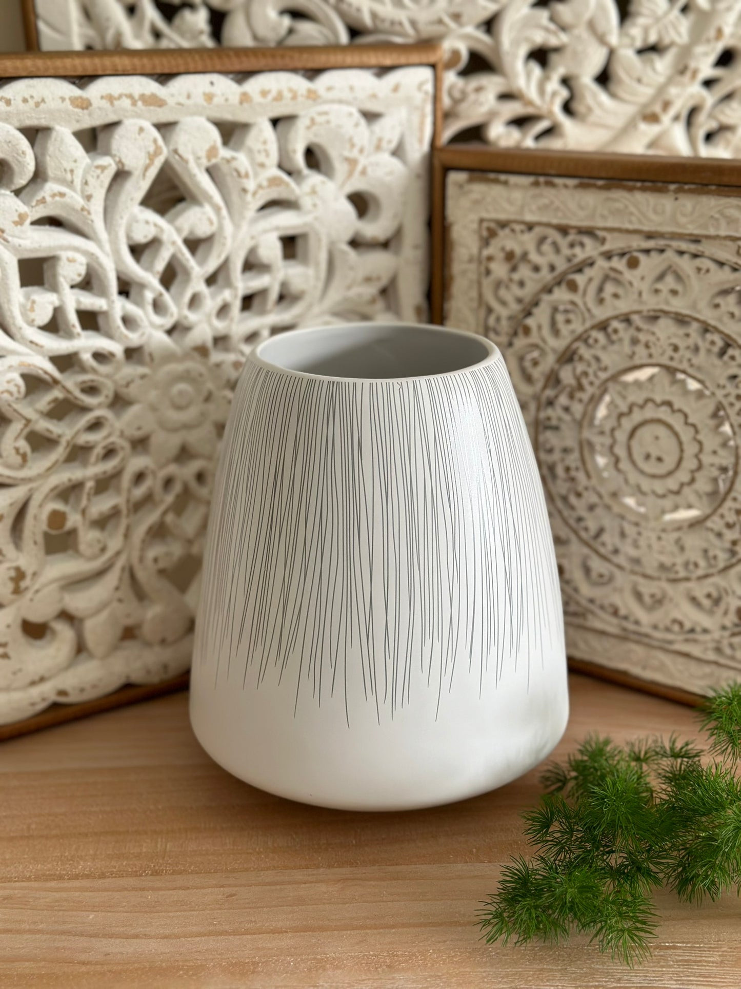 Etched Line Drop Vase – Matte White with Vertical Detailing Vase CODE 3516