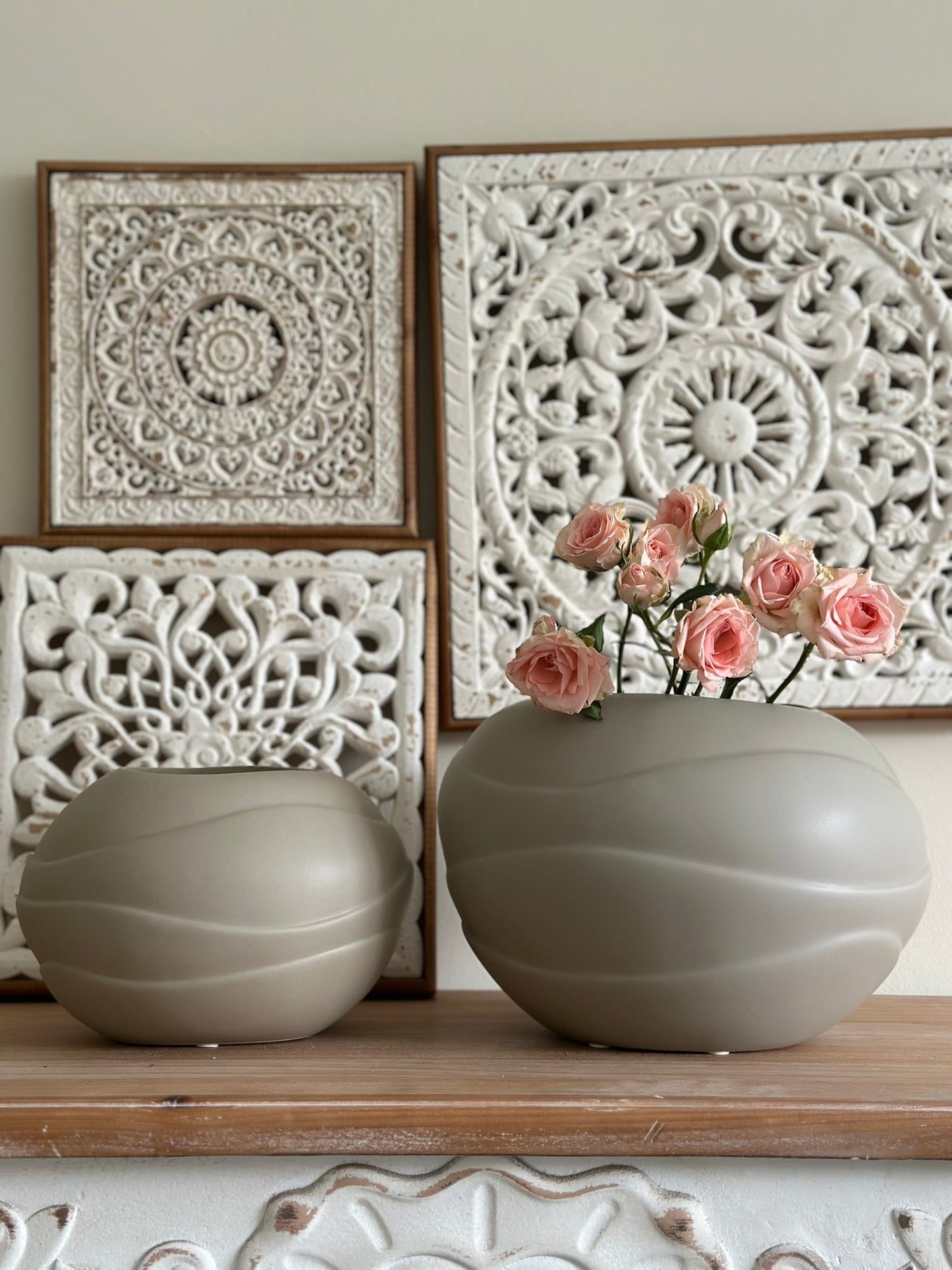 Wave Carved Globe Vase – Matte Stone Taupe Vase CODE 3536