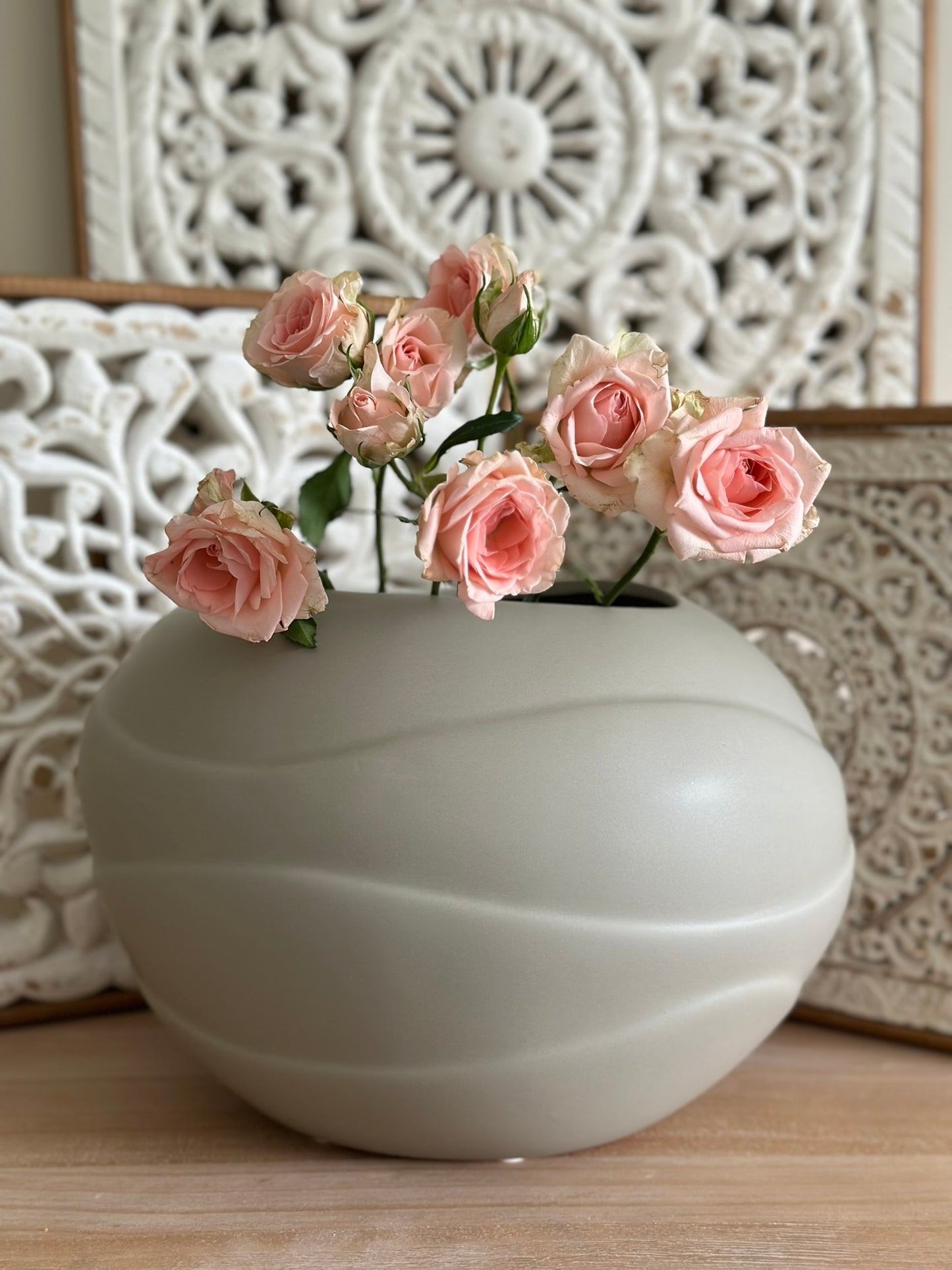 Wave Carved Vase – Matte Stone Taupe Vase CODE 3535