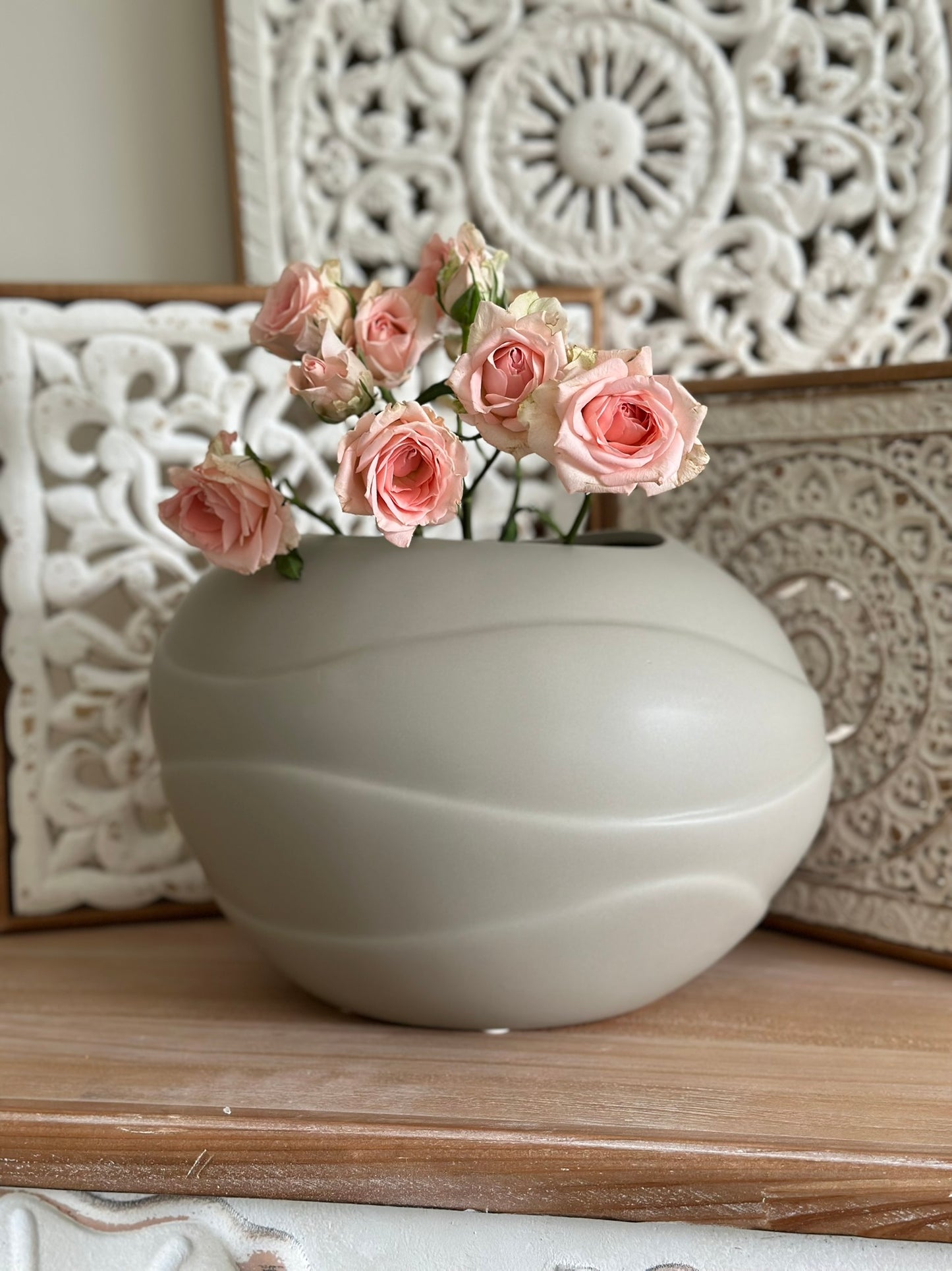 Wave Carved Vase – Matte Stone Taupe Vase CODE 3535