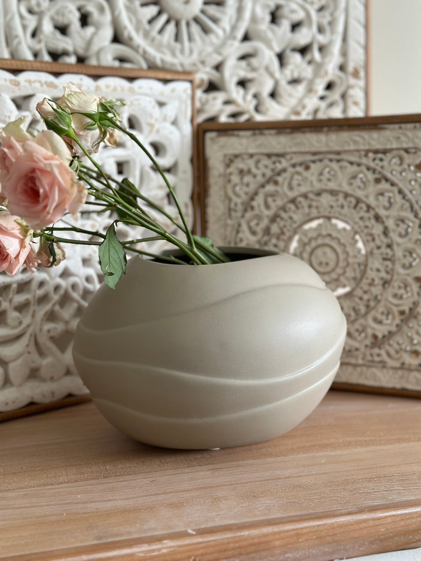 Wave Carved Globe Vase – Matte Stone Taupe Vase CODE 3536