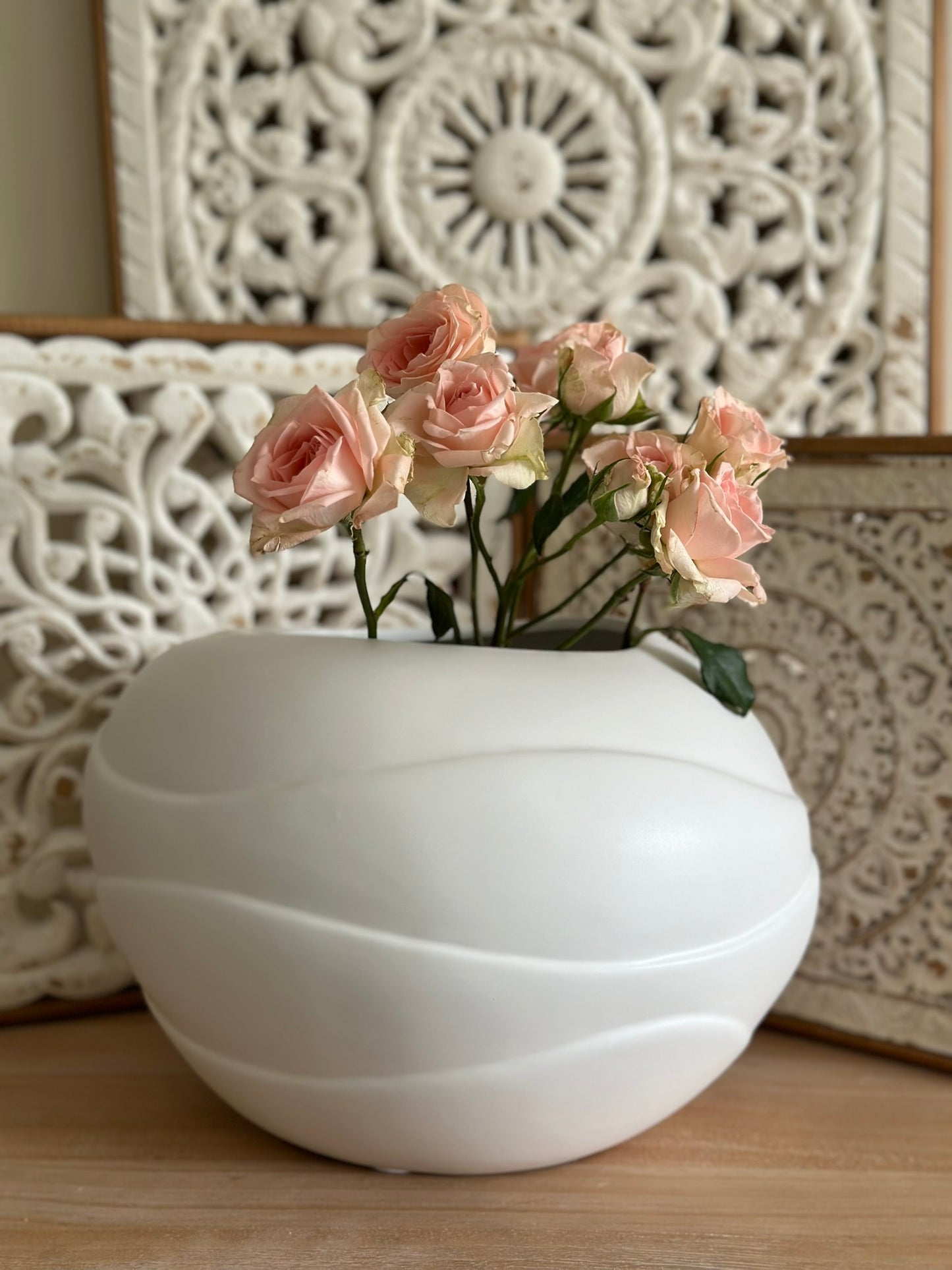 Wave Carved Globe Vase – Matte White Vase CODE 3537