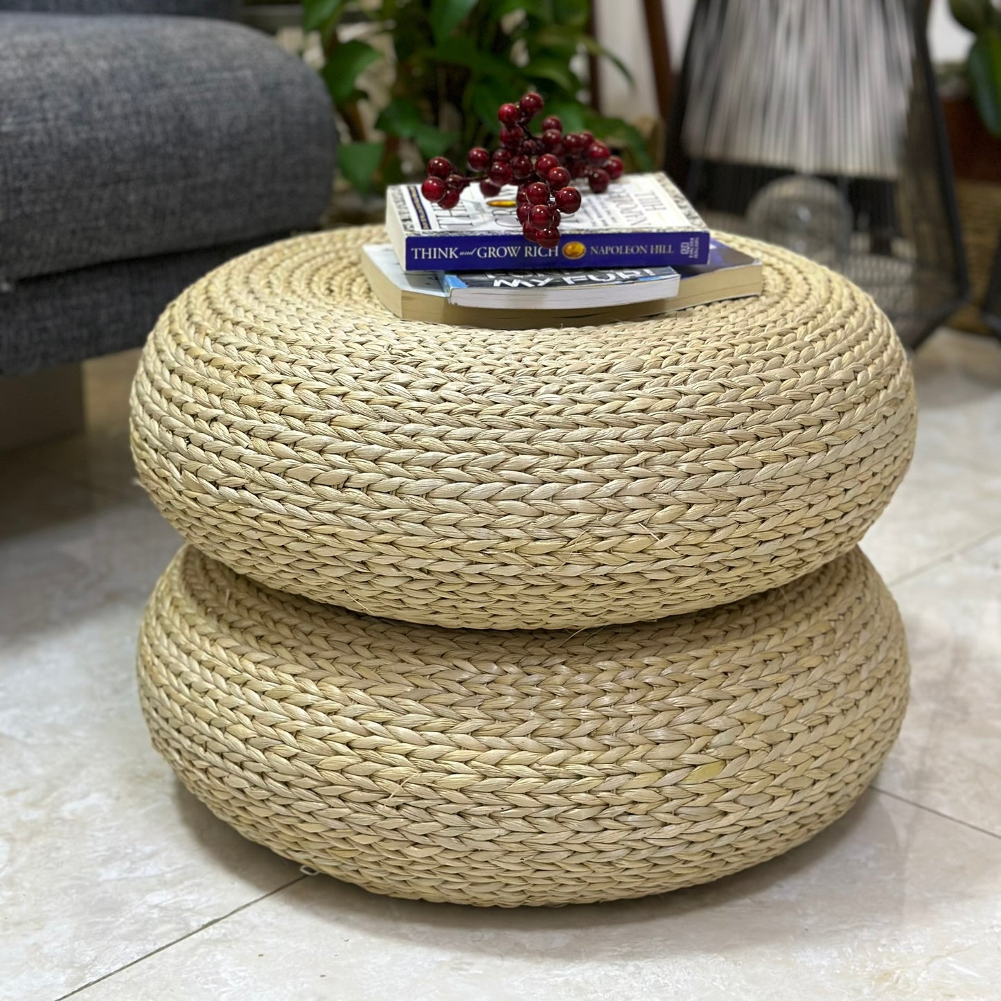 Natural Woven Round Ottoman Pouf | Boho Seagrass Style CODE 3701
