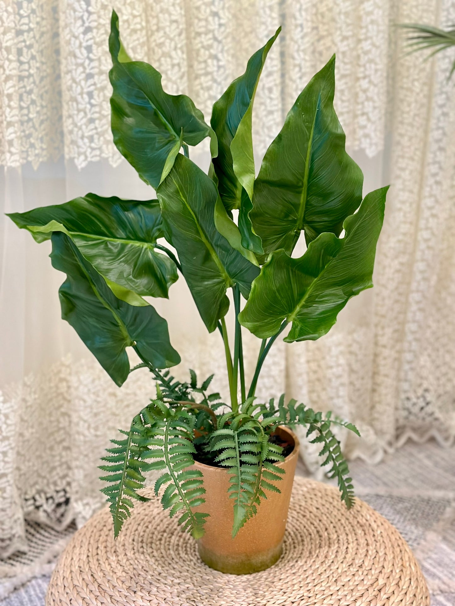 Tropical Leaf & Fern Artificial Plant in Rustic Clay Pot Artificial Plant CODE 2626
