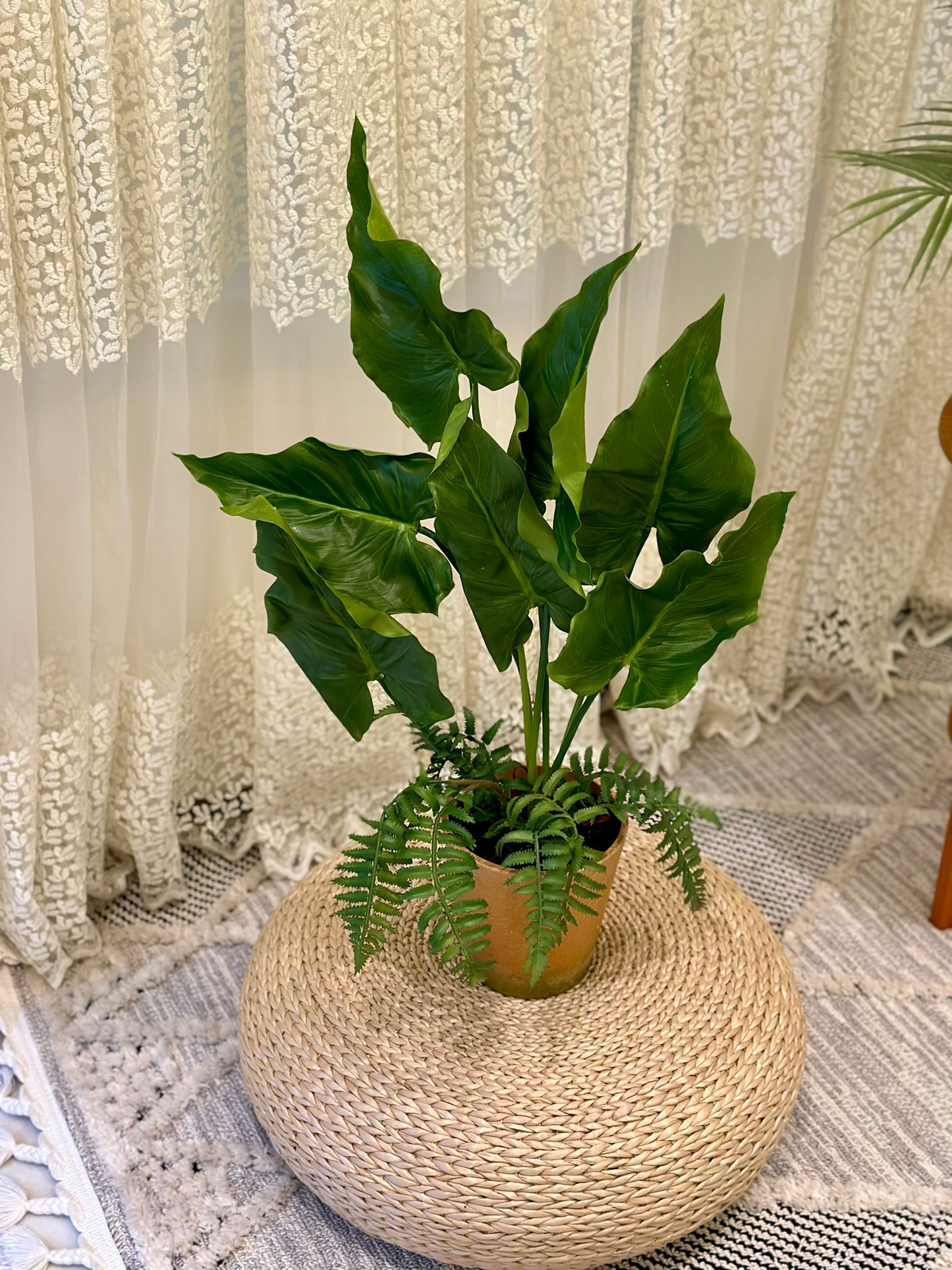 Tropical Leaf & Fern Artificial Plant in Rustic Clay Pot Artificial Plant CODE 2626
