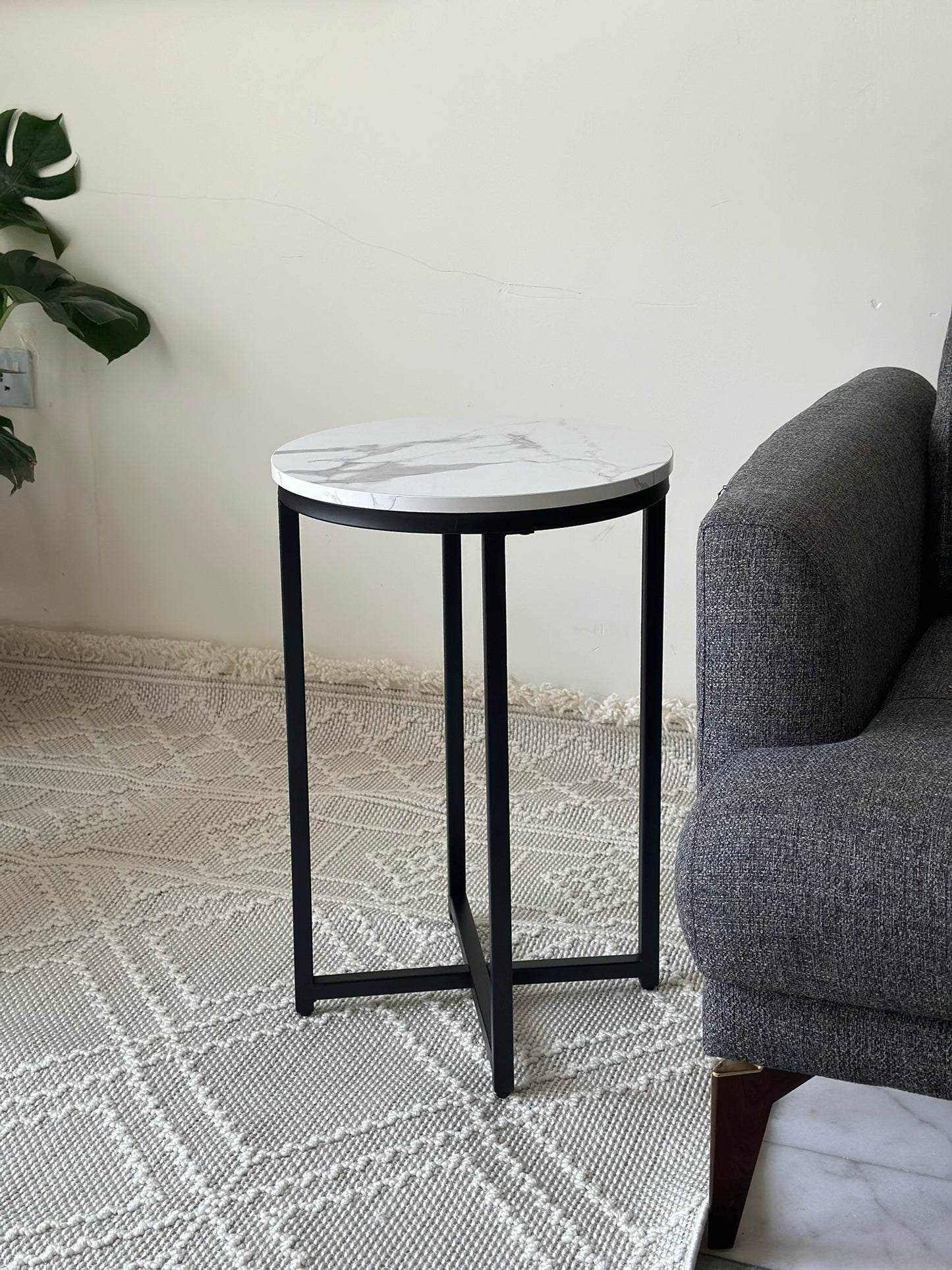 Artificial Marble-Top Side Table with Black Metal Base