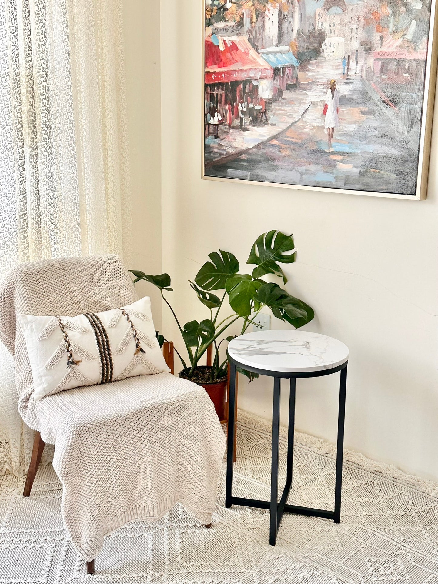 Artificial Marble-Top Side Table with Black Metal Base