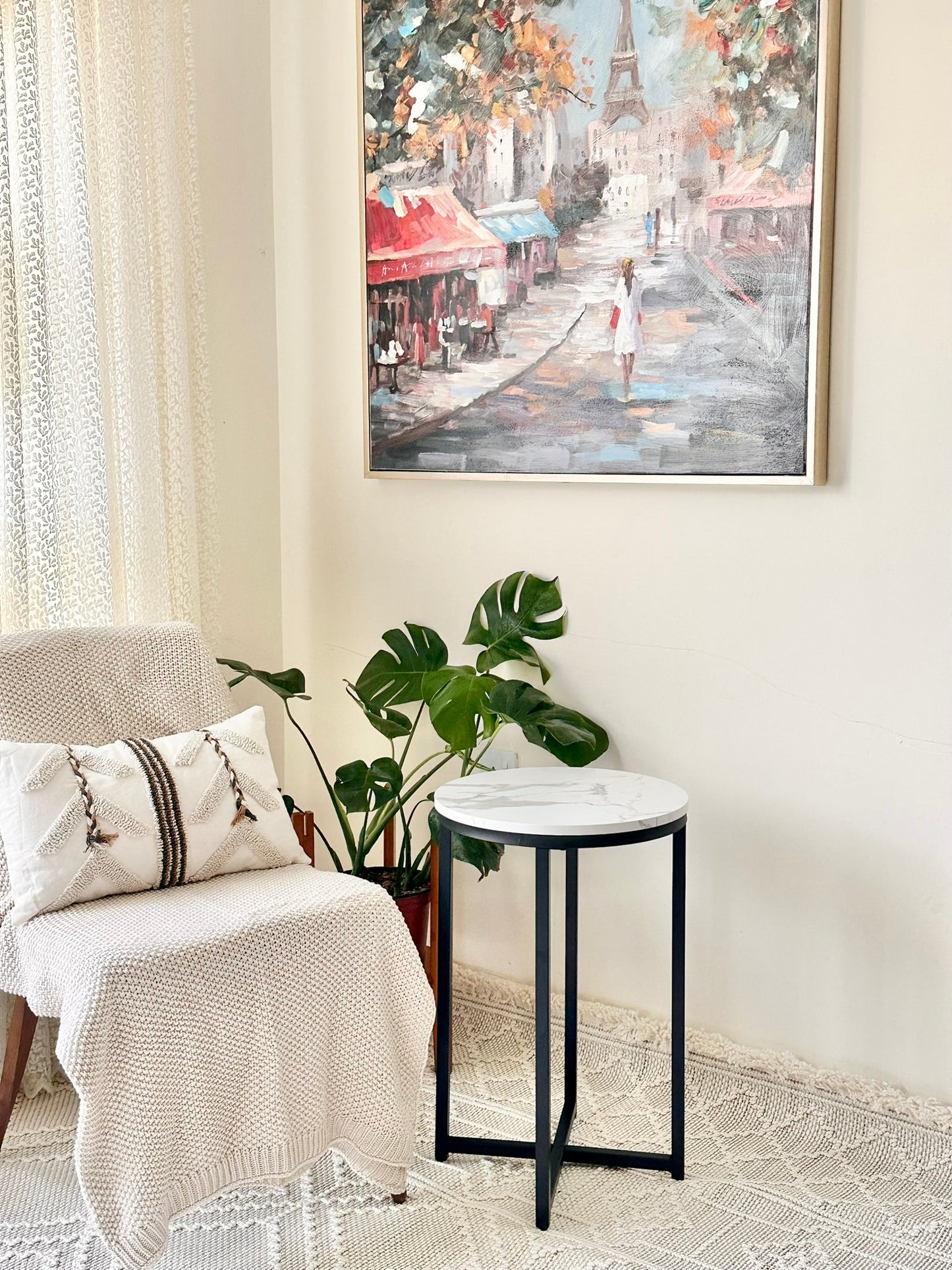 Artificial Marble-Top Side Table with Black Metal Base