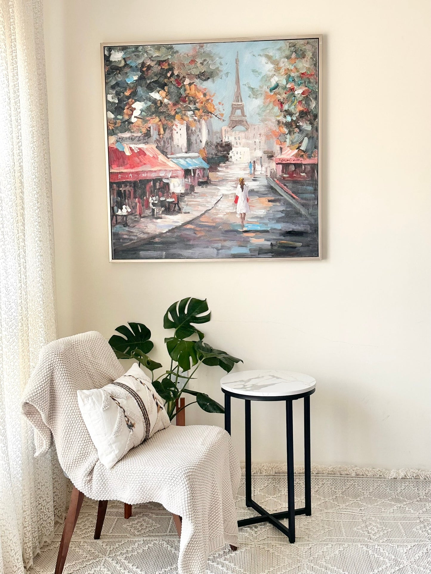 Artificial Marble-Top Side Table with Black Metal Base