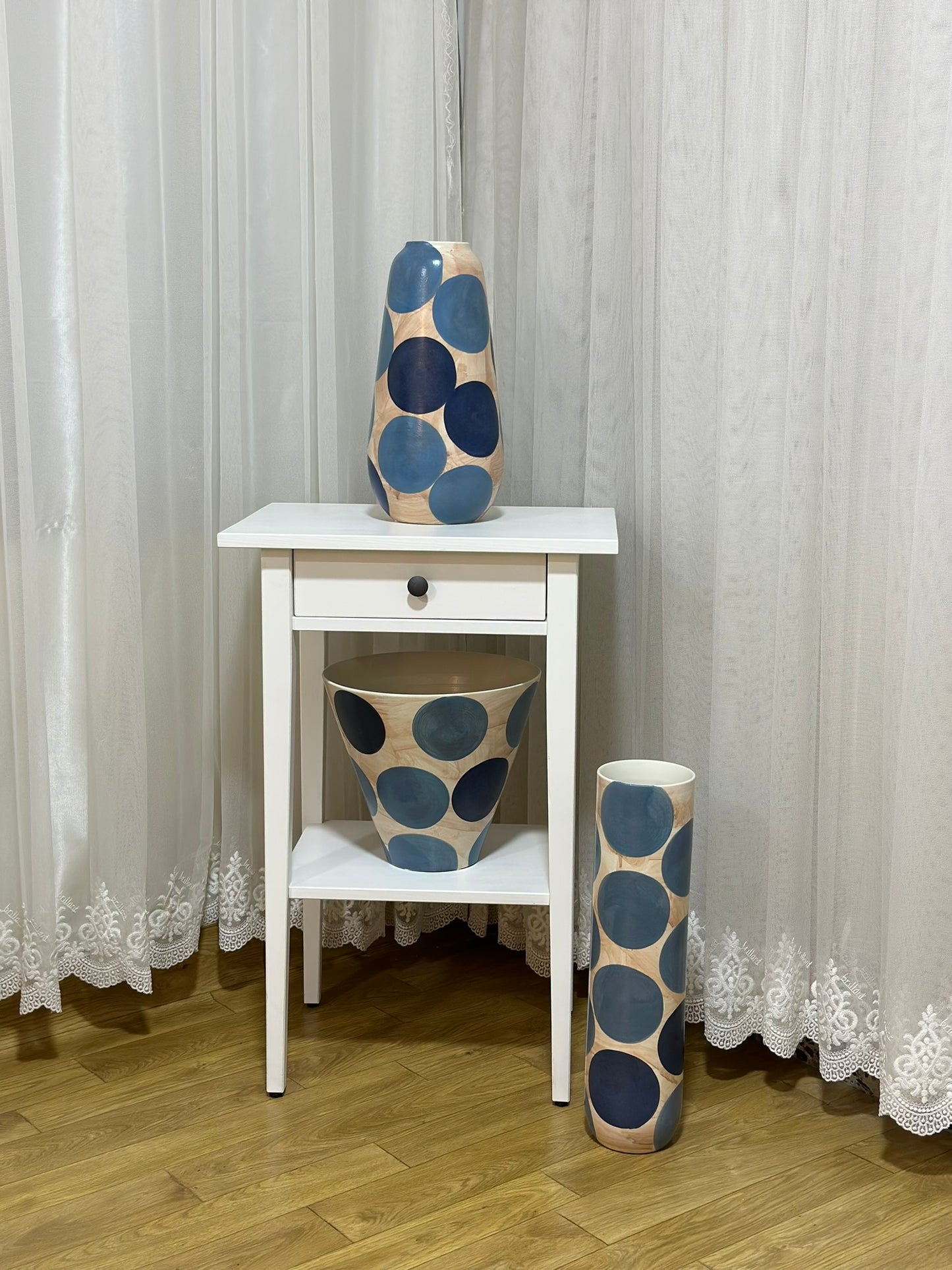 Tall Polka Dot Floor Vase – Hand-Painted Blue on Natural Wood Vase CODE 0273