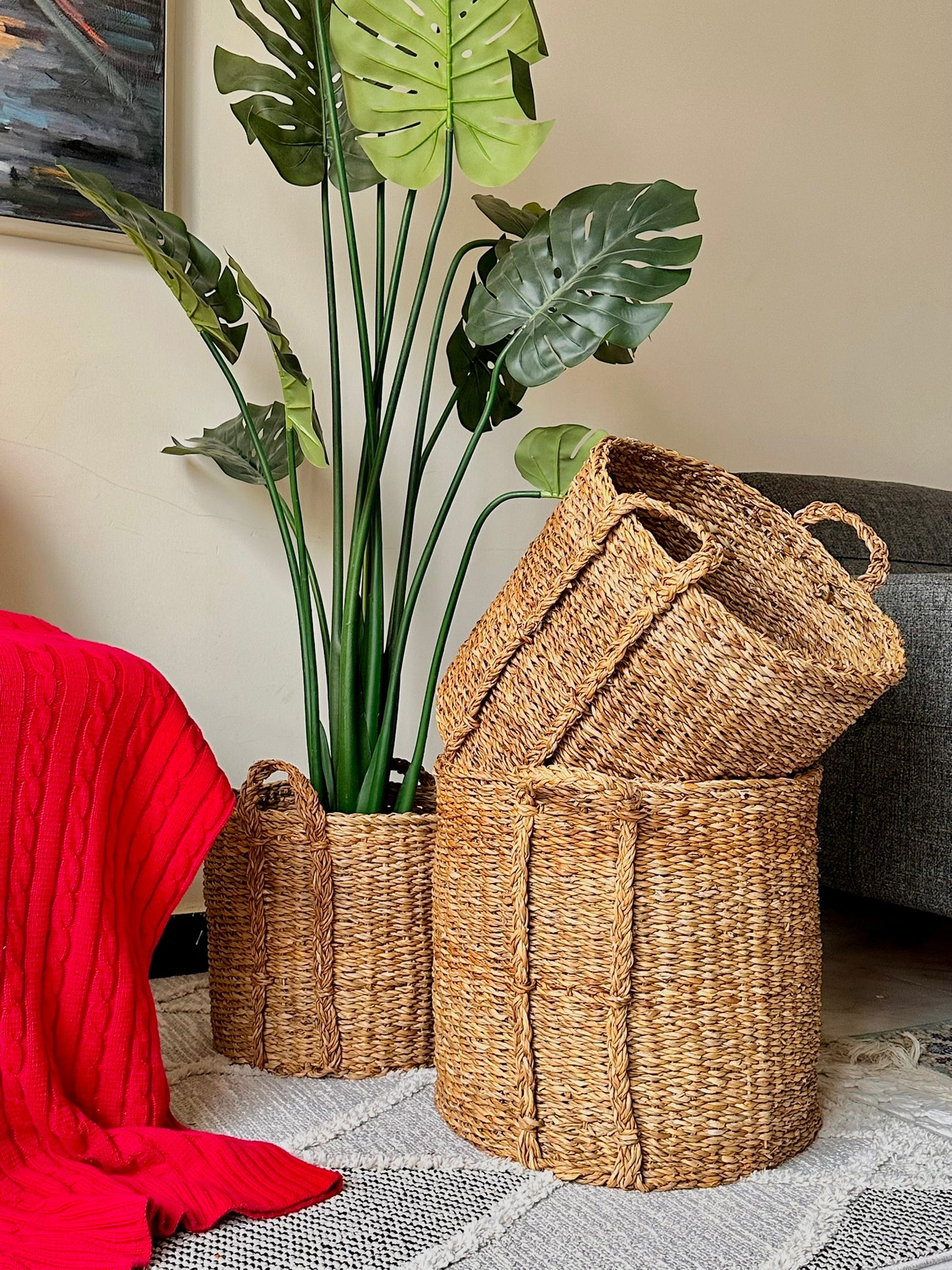Natural Woven Basket Set with Vertical Braided Detail – Tall & Functional