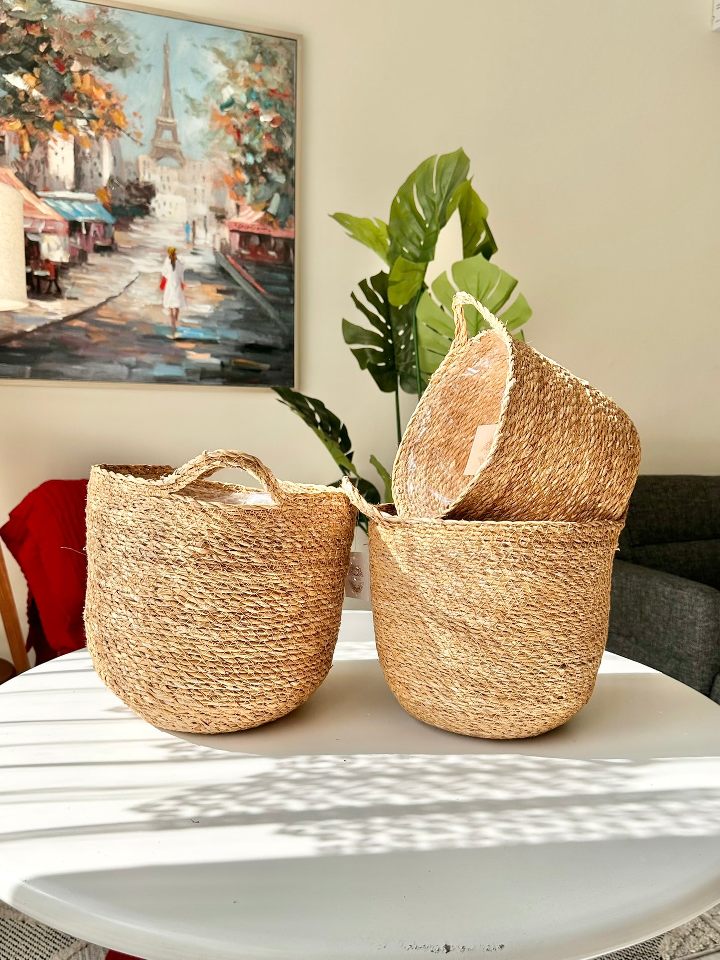 Set of 3 Soft Jute Storage Baskets – Rounded Bottom with Handles