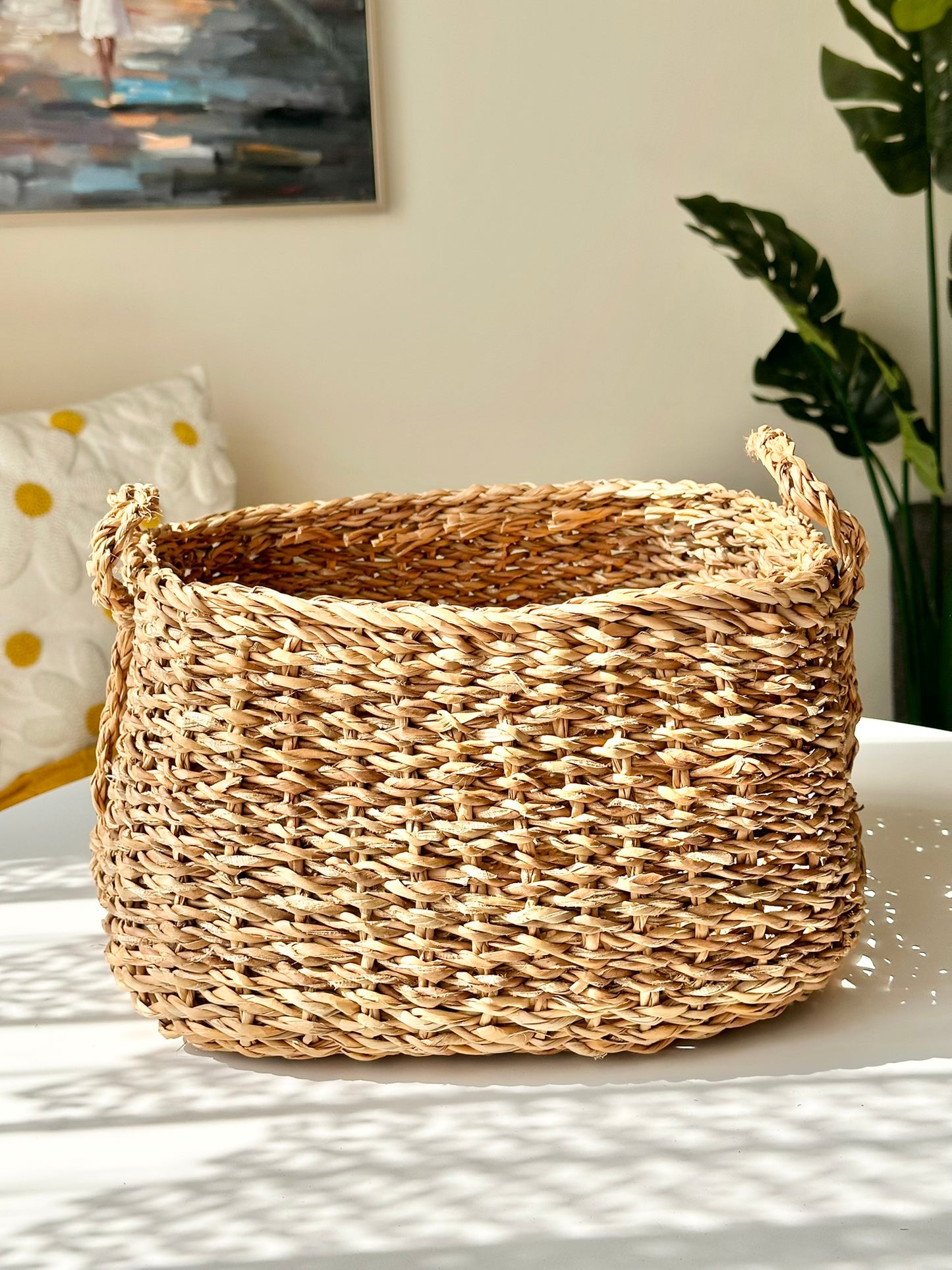 Handwoven Seagrass Basket Set – Sturdy Vertical Handle Design