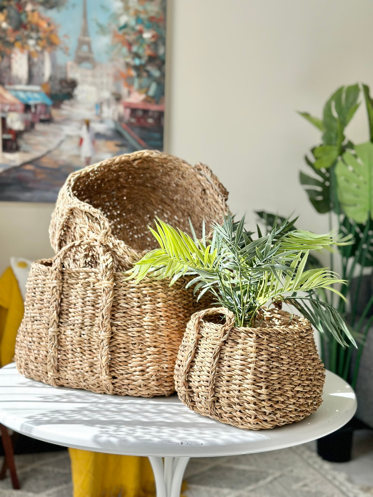Handwoven Seagrass Basket Set – Sturdy Vertical Handle Design