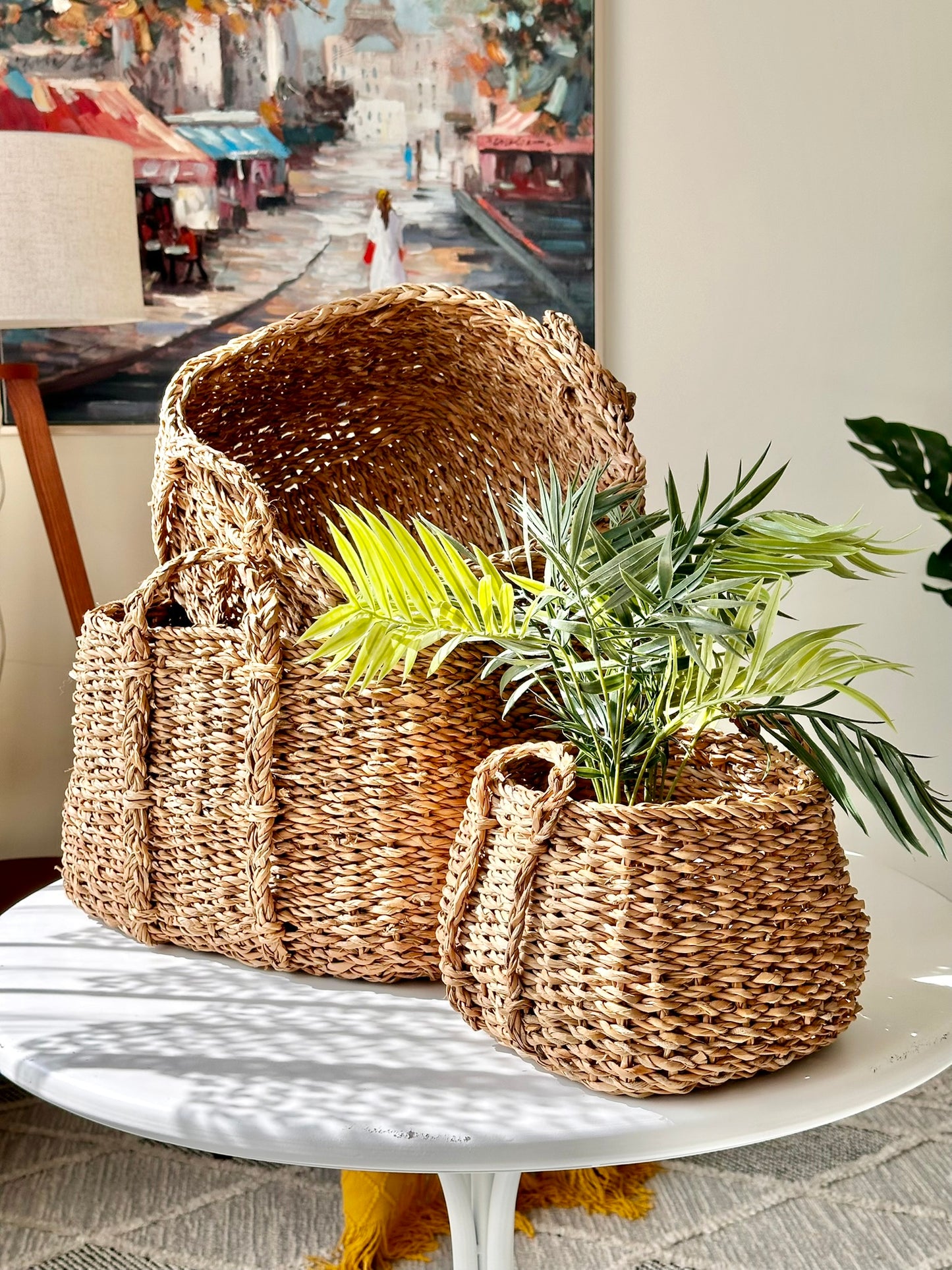 Handwoven Seagrass Basket Set – Sturdy Vertical Handle Design