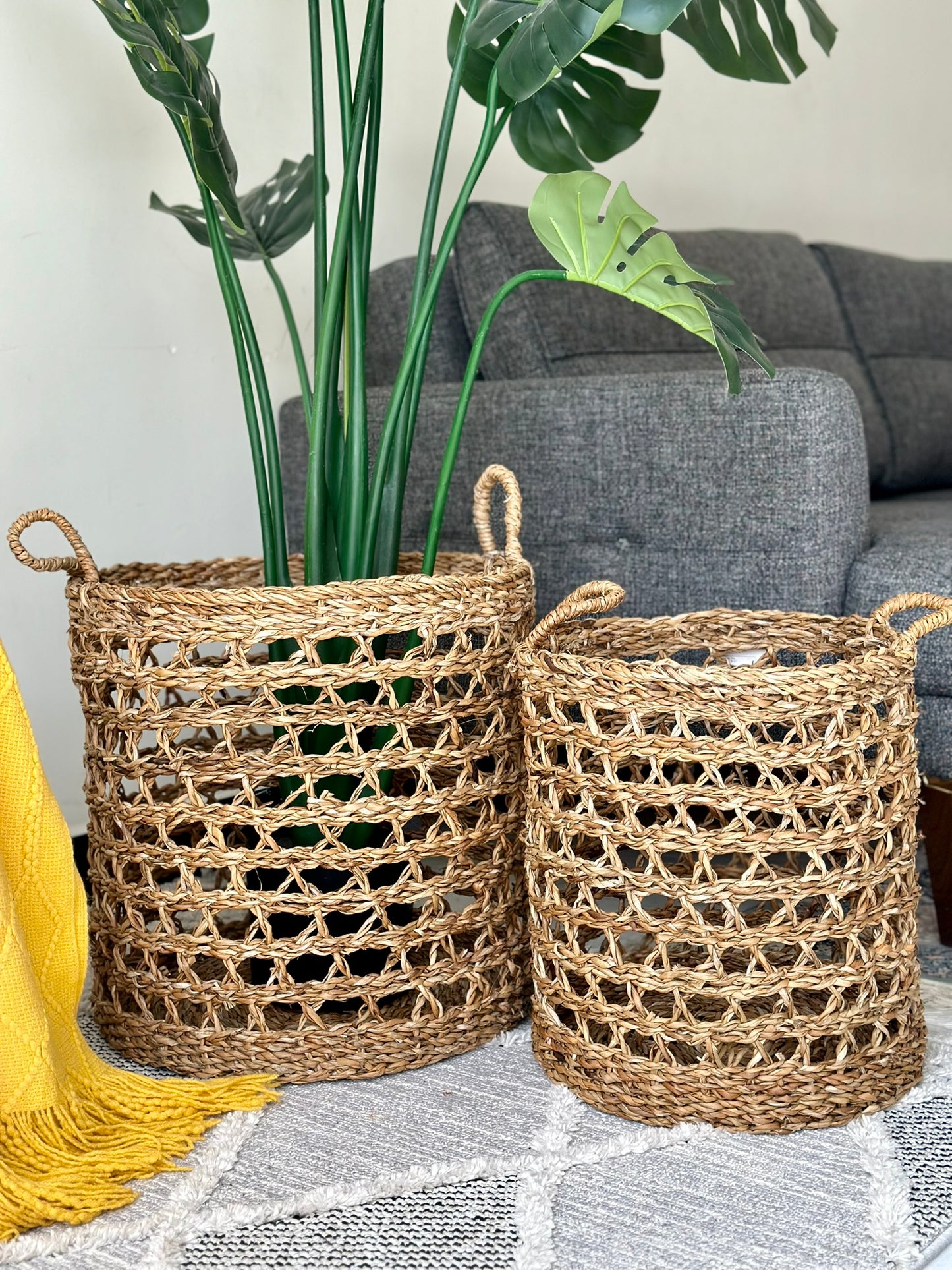 Open-Weave Seagrass Baskets – Set of Two with Handles