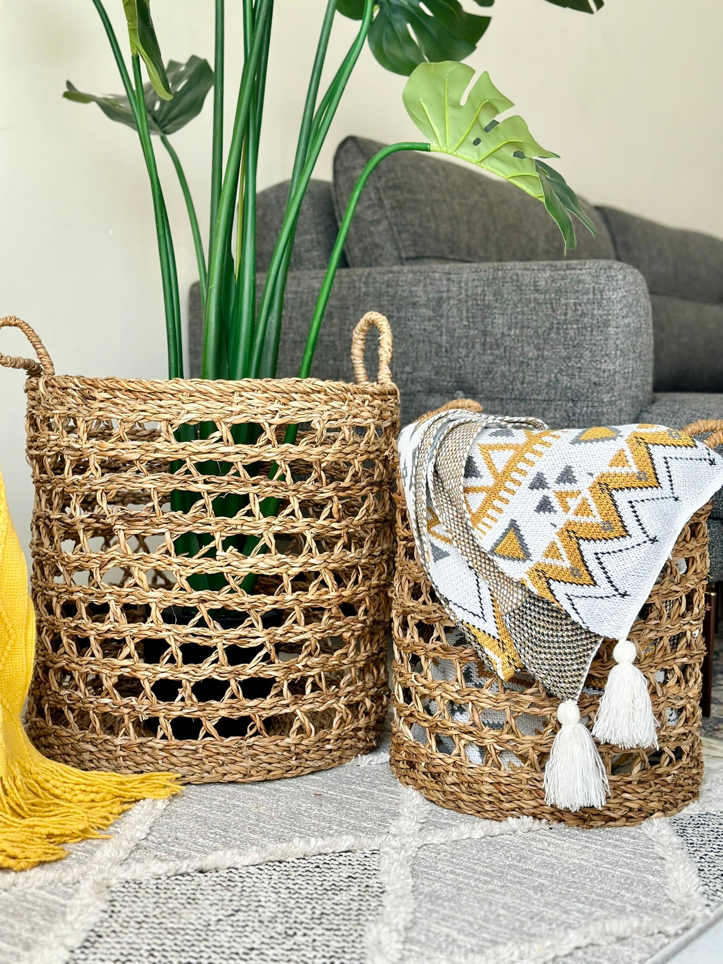 Open-Weave Seagrass Baskets – Set of Two with Handles