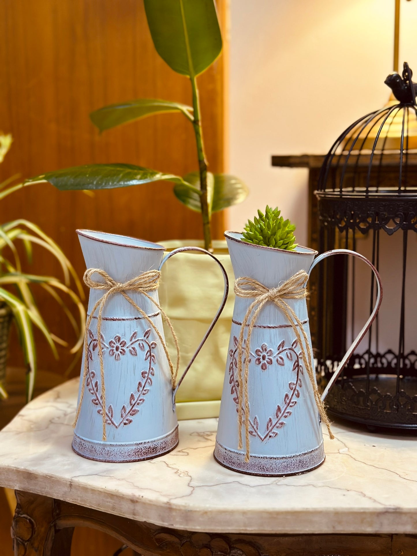 Vintage Metal Jugs with Heart Embossing – Rustic Blue