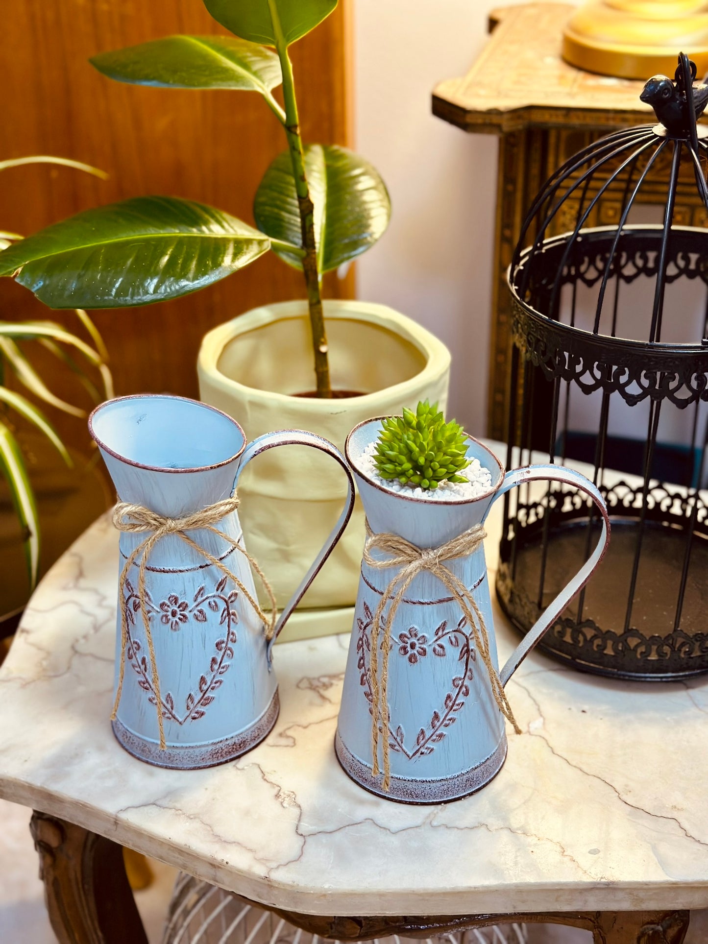 Vintage Metal Jugs with Heart Embossing – Rustic Blue
