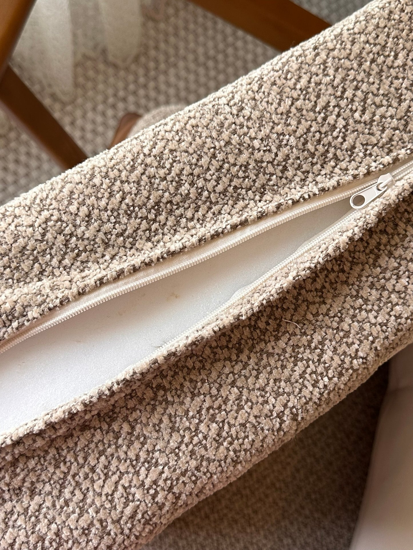 Modern Accent Armchair – Wooden Frame and Beige Fabric Upholstery