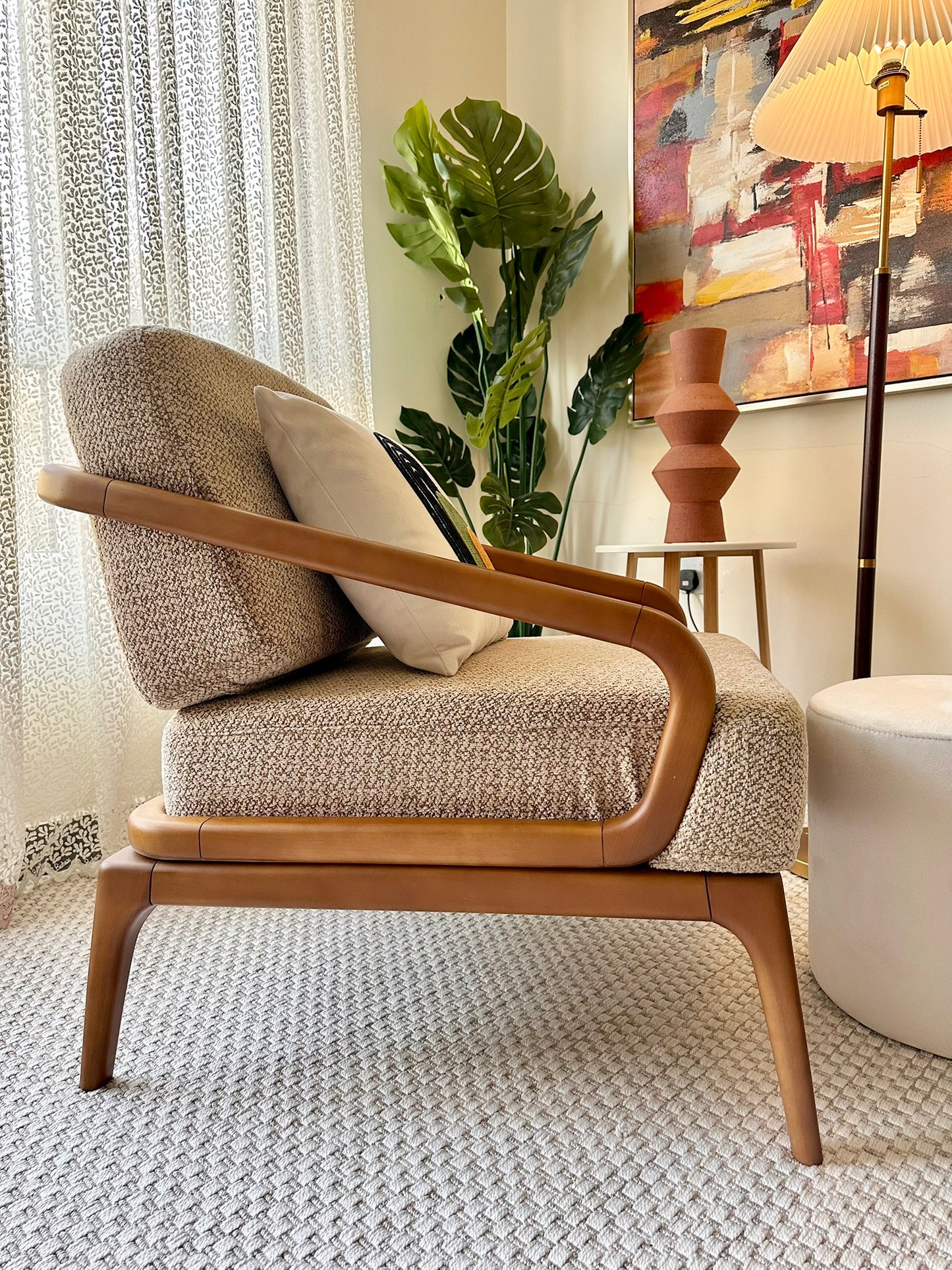 Modern Accent Armchair – Wooden Frame and Beige Fabric Upholstery
