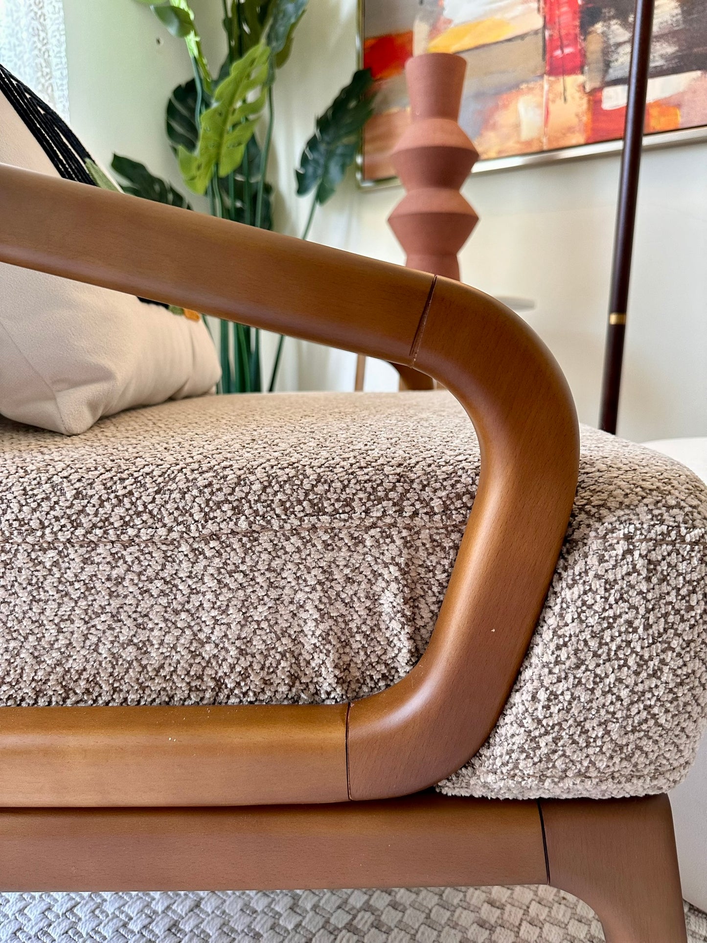 Modern Accent Armchair – Wooden Frame and Beige Fabric Upholstery