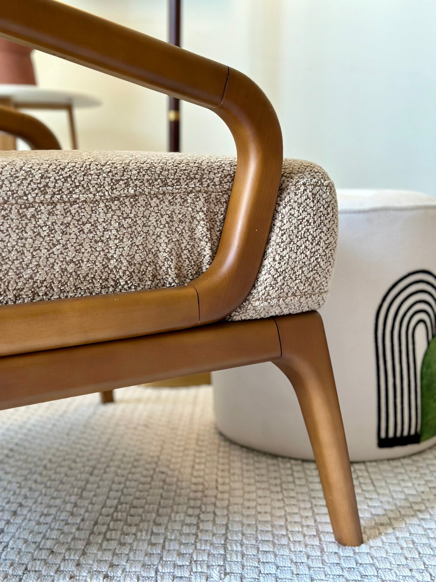 Modern Accent Armchair – Wooden Frame and Beige Fabric Upholstery
