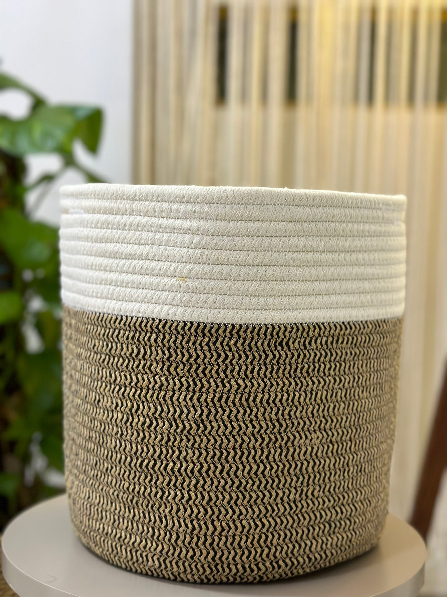 Two-Tone Woven Cotton Basket – Natural Beige & White CODE 1108
