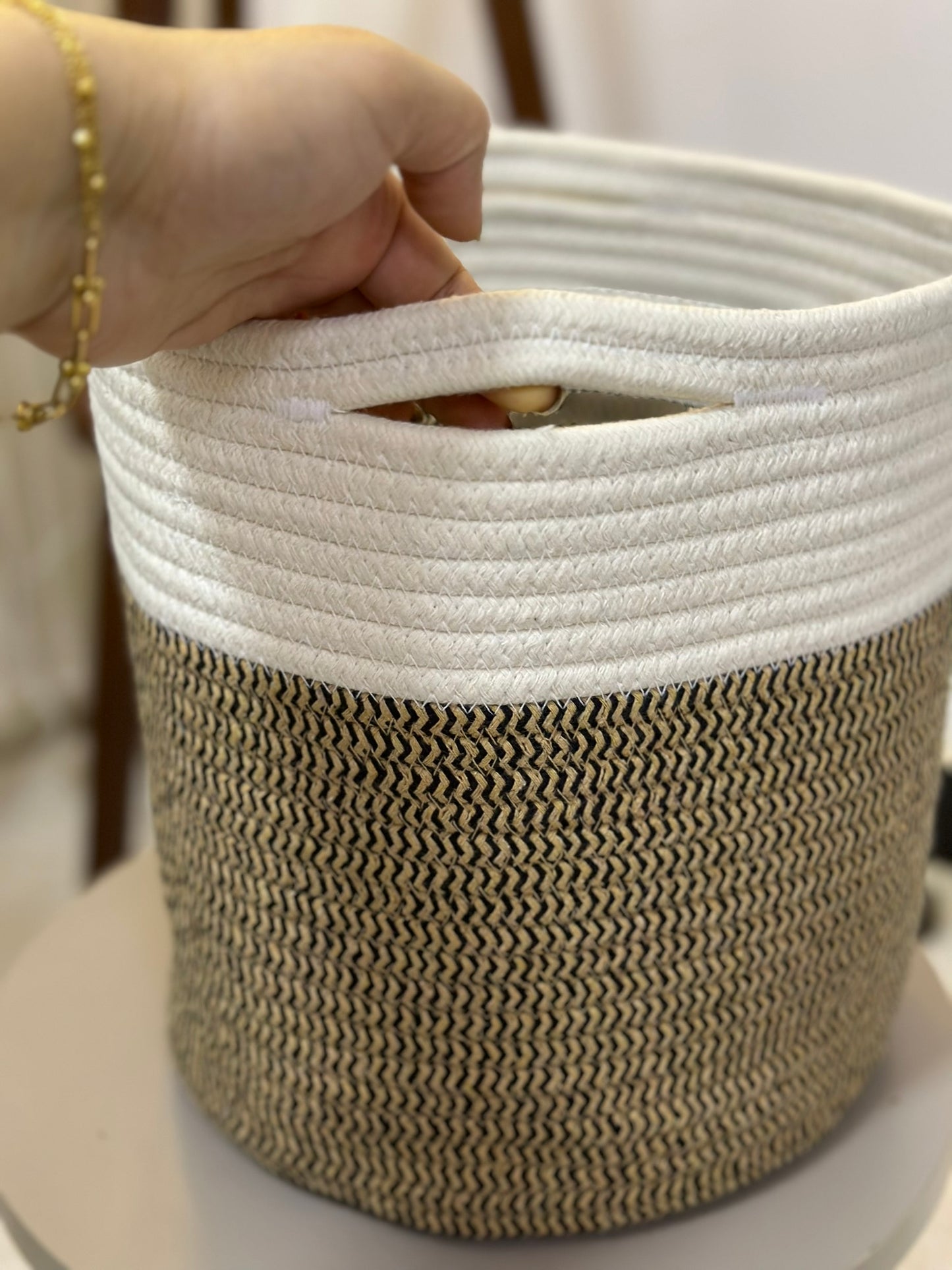 Two-Tone Woven Cotton Basket – Natural Beige & White CODE 1108