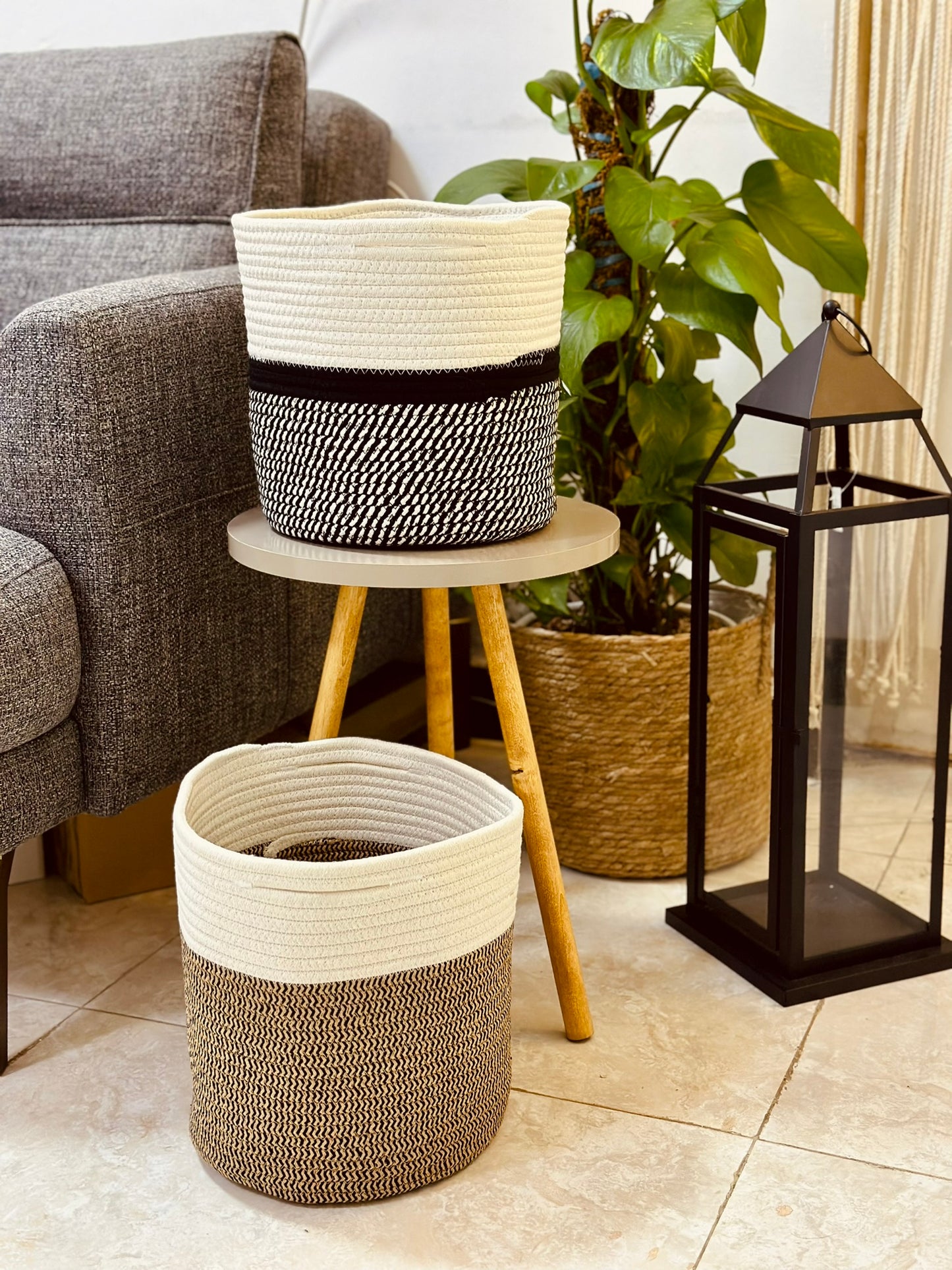 Two-Tone Woven Cotton Basket – Natural Beige & White CODE 1108