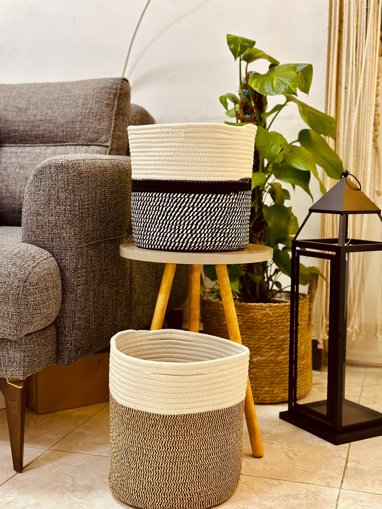 Two-Tone Woven Cotton Basket – Natural Beige & White CODE 1108
