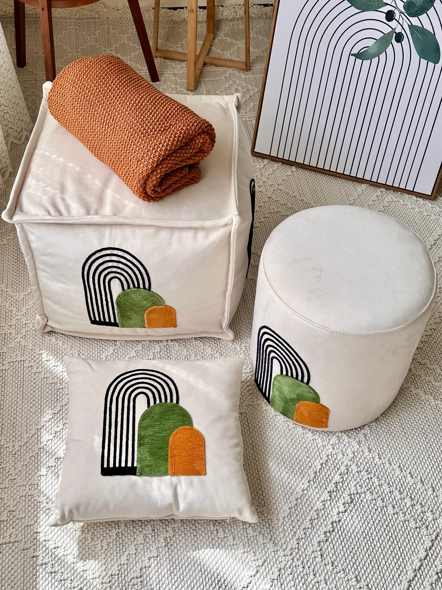 Decorative Cushion and Pouf Set – Modern Arch Design