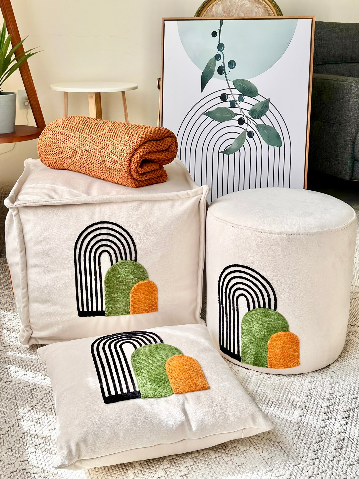 Decorative Cushion and Pouf Set – Modern Arch Design