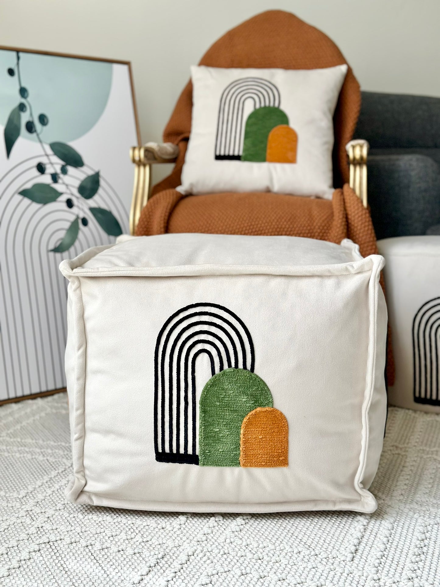 Decorative Cushion and Pouf Set – Modern Arch Design