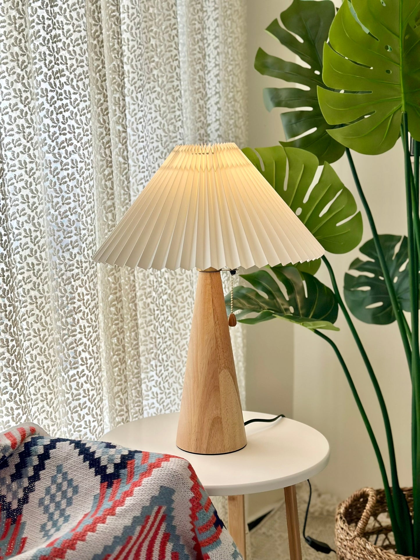 Wooden Base Table Lamp with Pleated Shade – Nordic Style