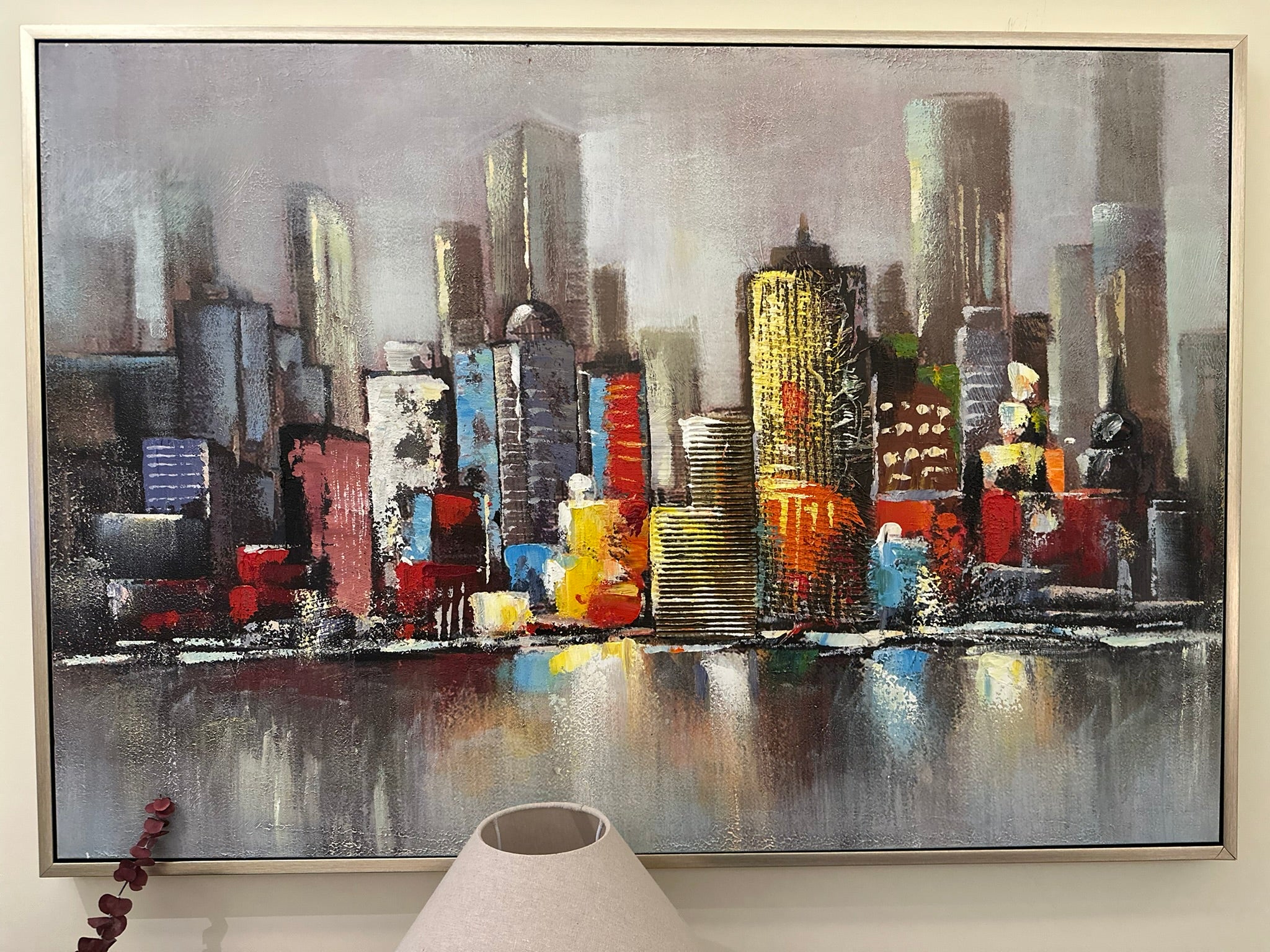 “City Pulse” – Abstract Skyline with Metallic Accents Oil Paint Size 90x130 cm CODE 3115