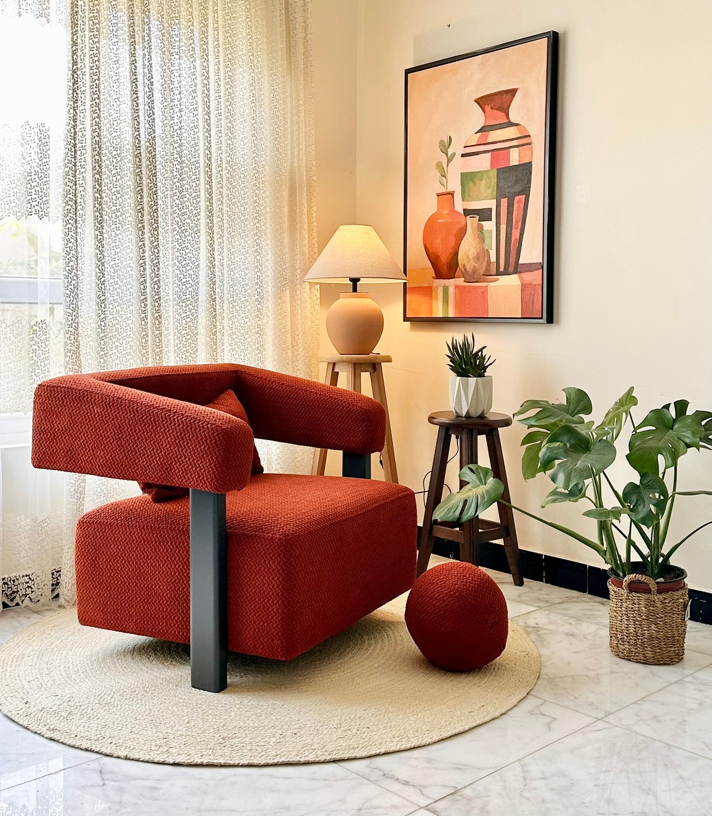 Modern Red Textured Armchair with Matching Pouf – Bold Contemporary Design