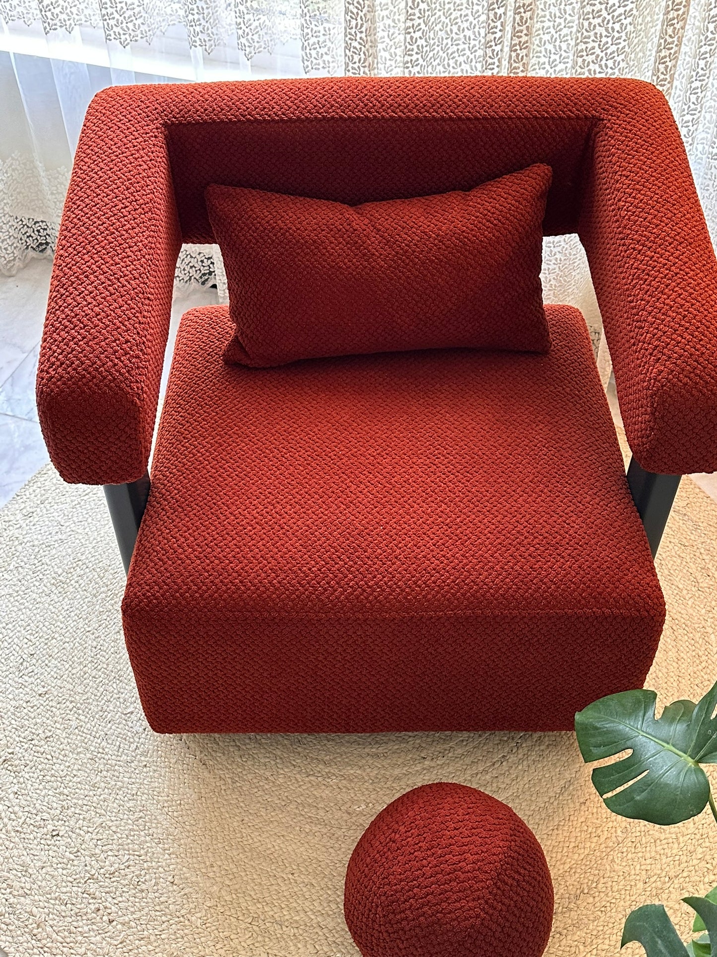 Modern Red Textured Armchair with Matching Pouf – Bold Contemporary Design