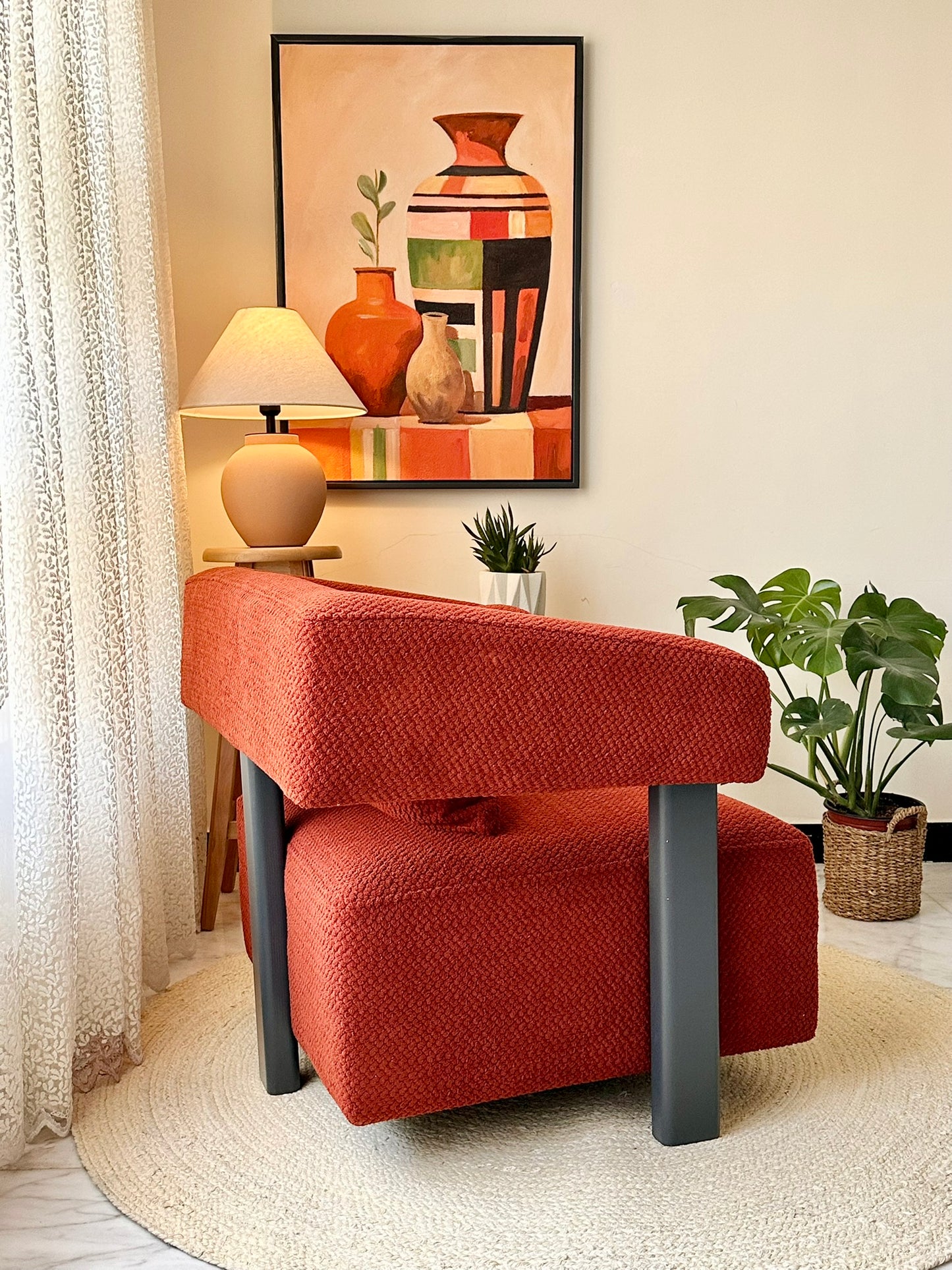 Modern Red Textured Armchair with Matching Pouf – Bold Contemporary Design