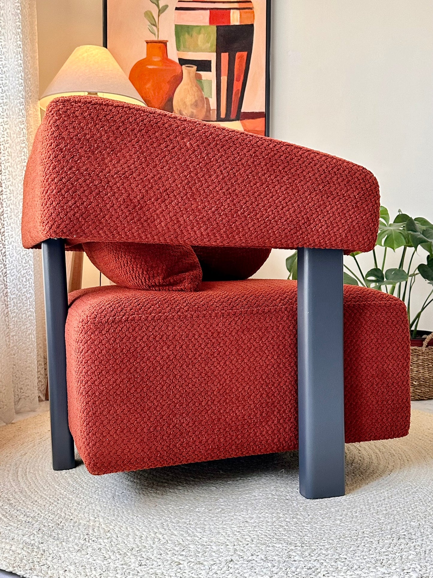 Modern Red Textured Armchair with Matching Pouf – Bold Contemporary Design