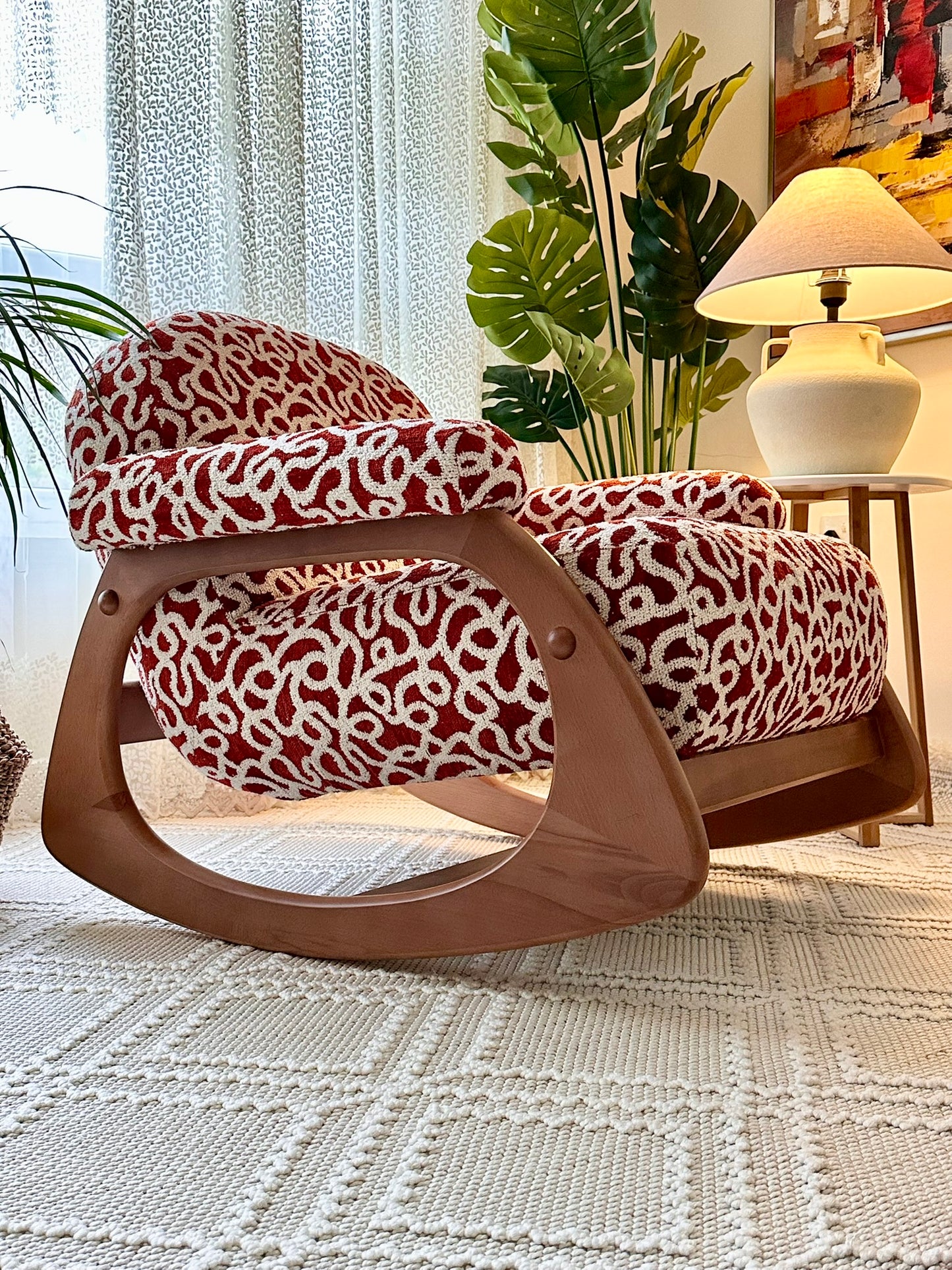 Modern Wooden Rocking Chair – Red & White Textured Fabric