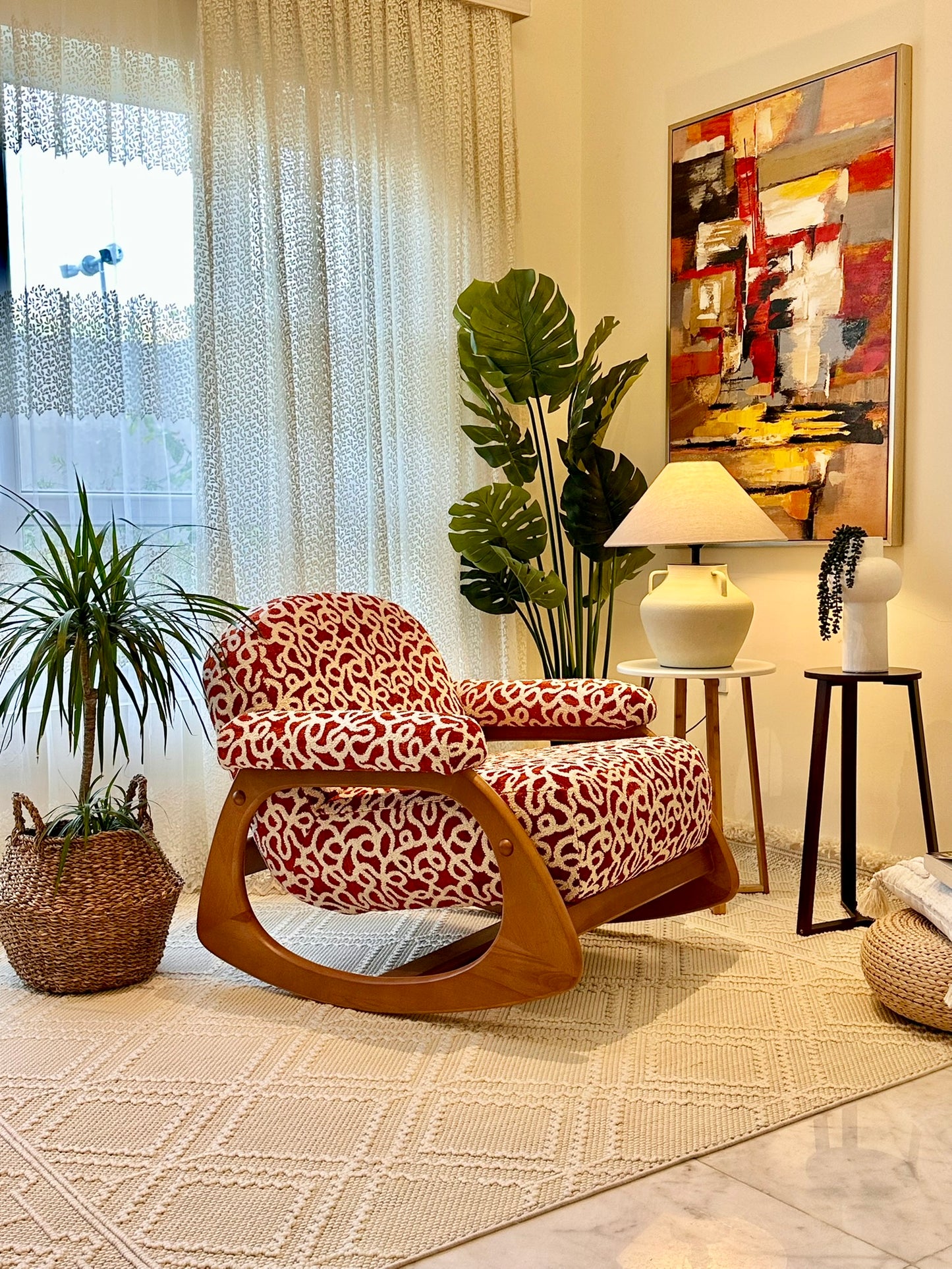 Modern Wooden Rocking Chair – Red & White Textured Fabric