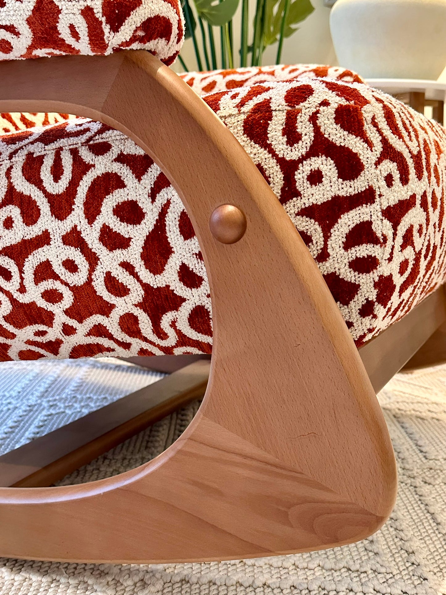 Modern Wooden Rocking Chair – Red & White Textured Fabric
