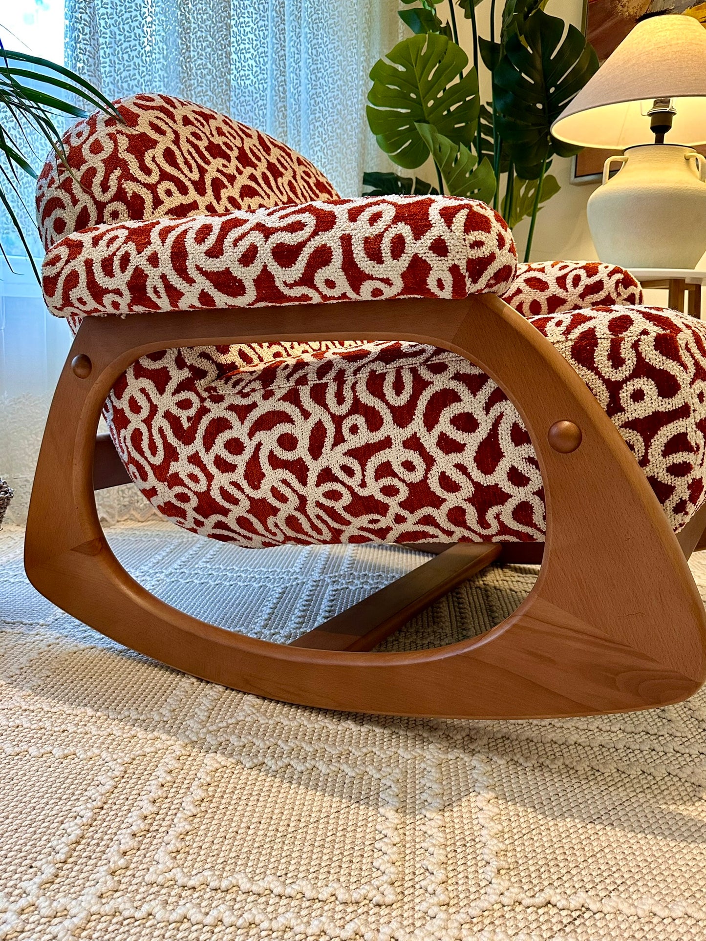 Modern Wooden Rocking Chair – Red & White Textured Fabric