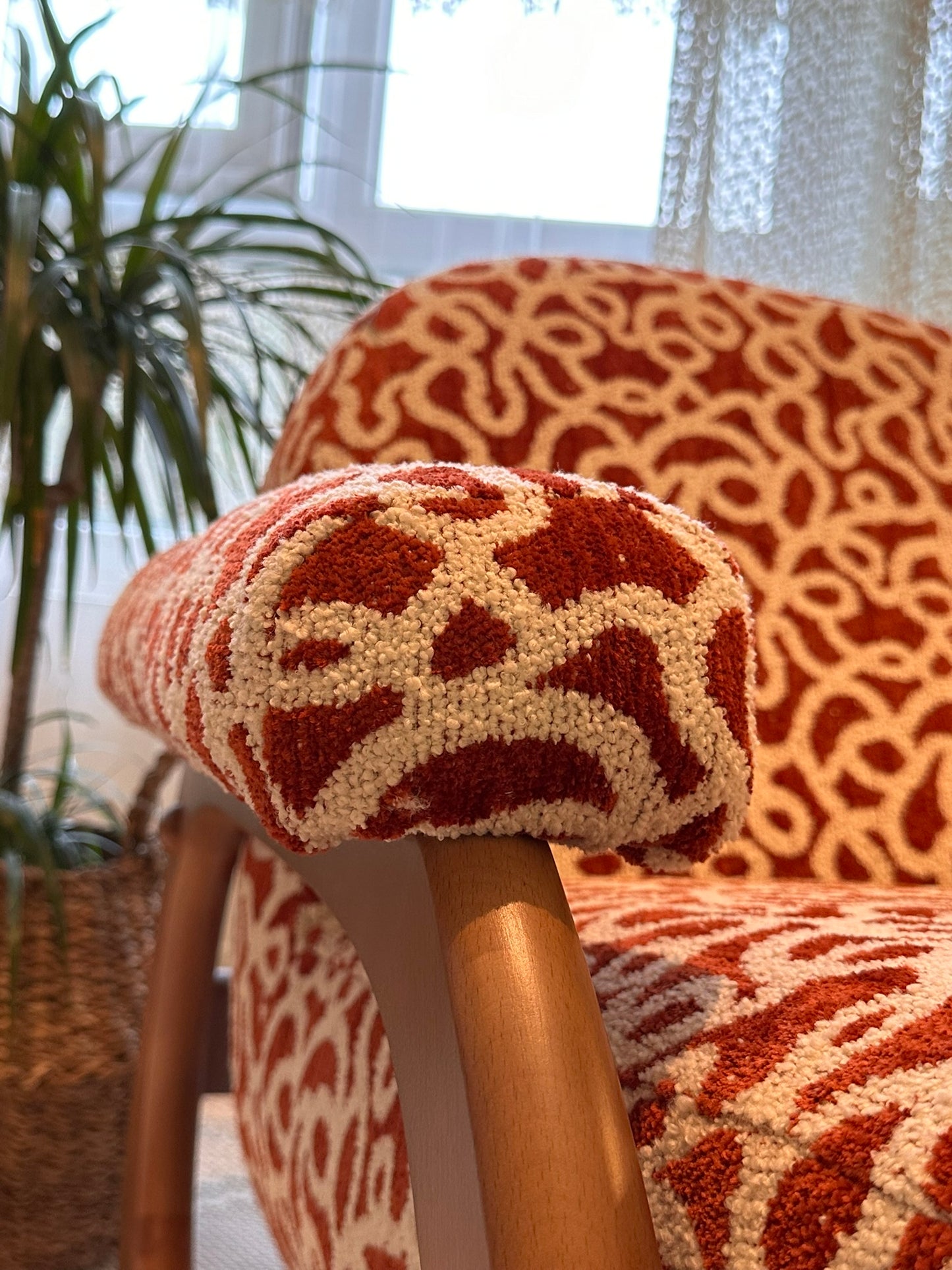 Modern Wooden Rocking Chair – Red & White Textured Fabric