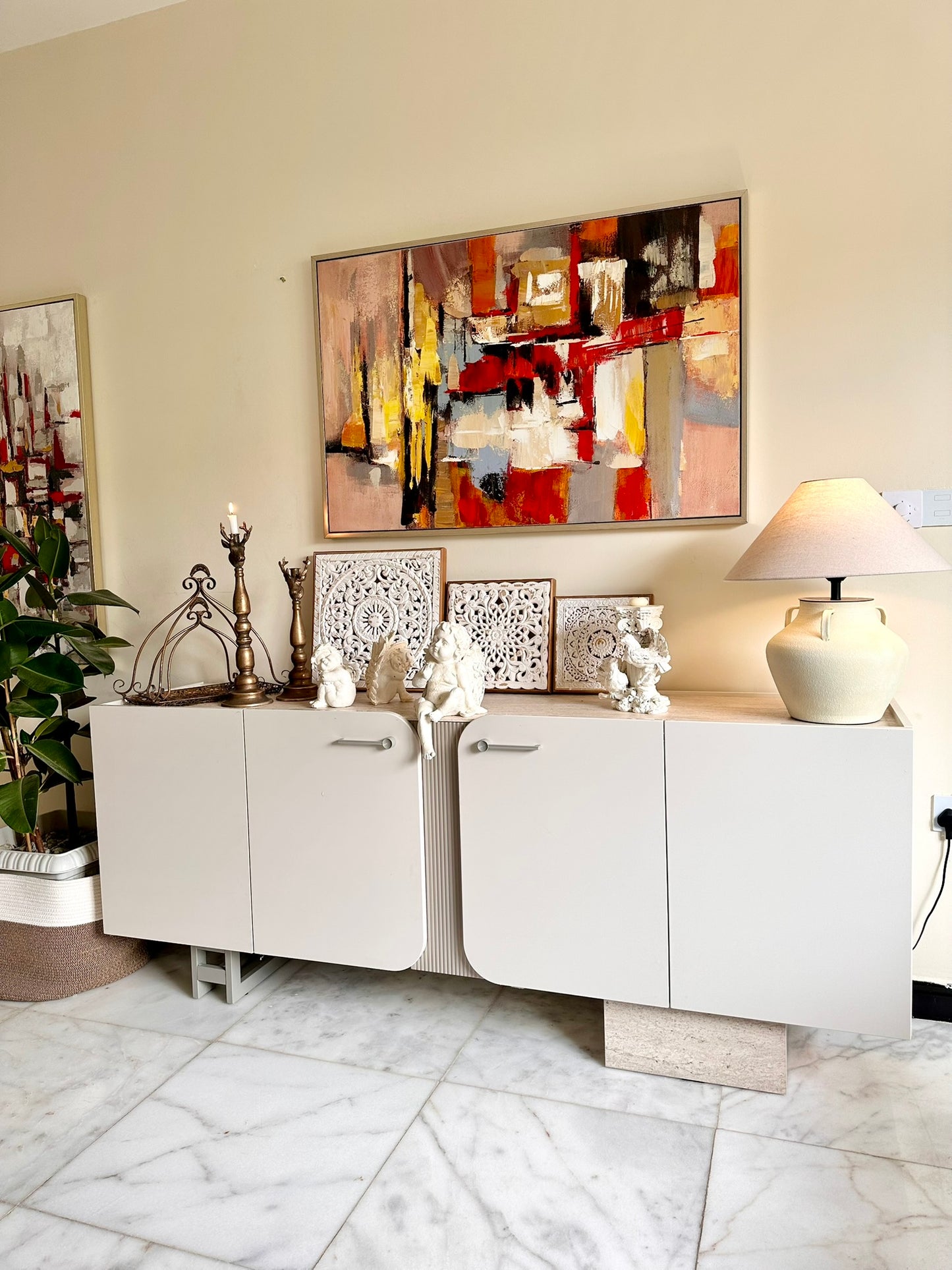 Modern Minimalist Console with Marble Base Accent – 4 Doors