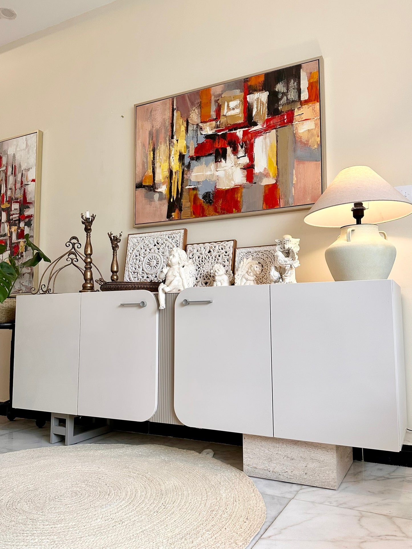 Modern Minimalist Console with Marble Base Accent – 4 Doors
