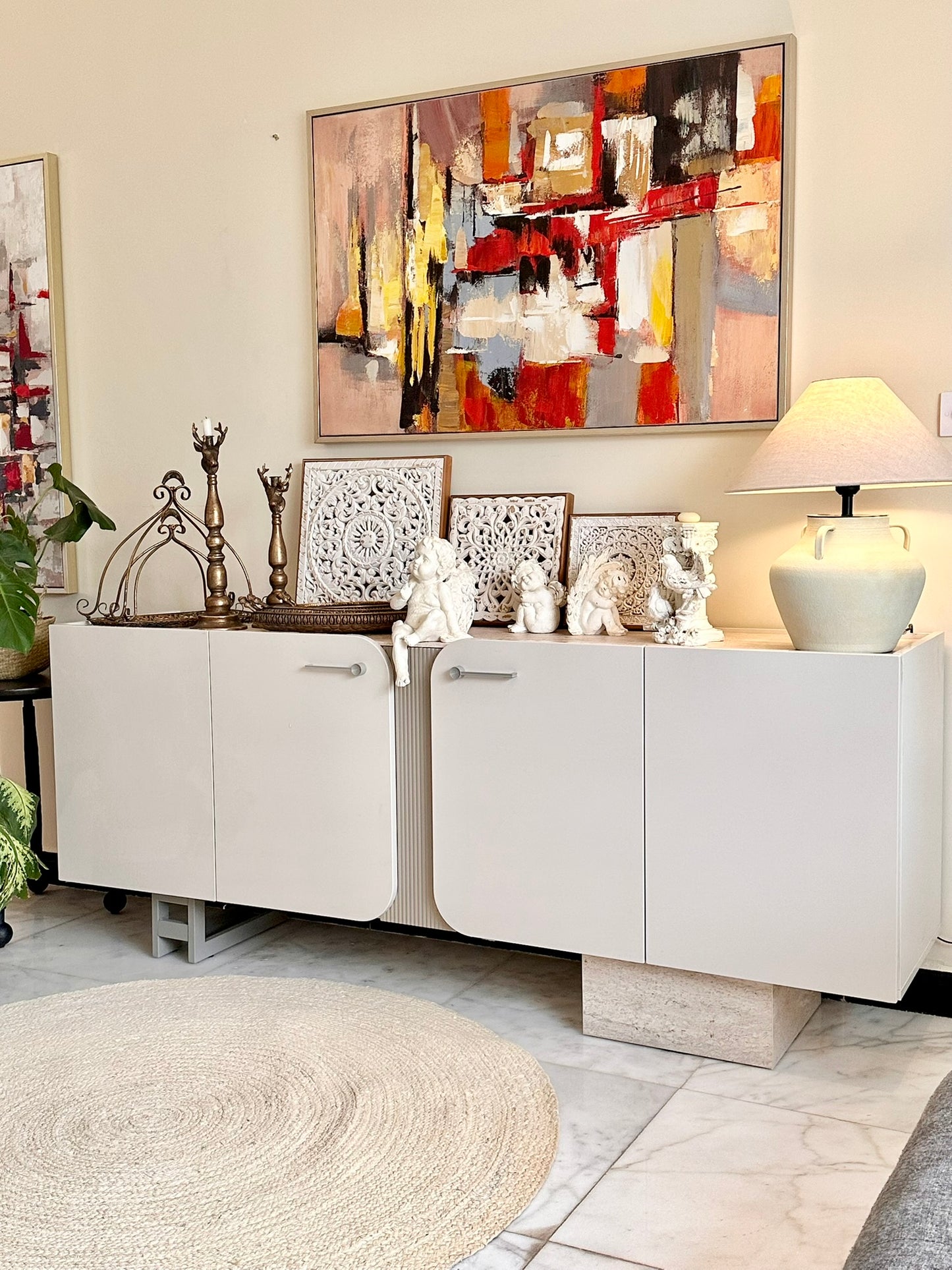Modern Minimalist Console with Marble Base Accent – 4 Doors